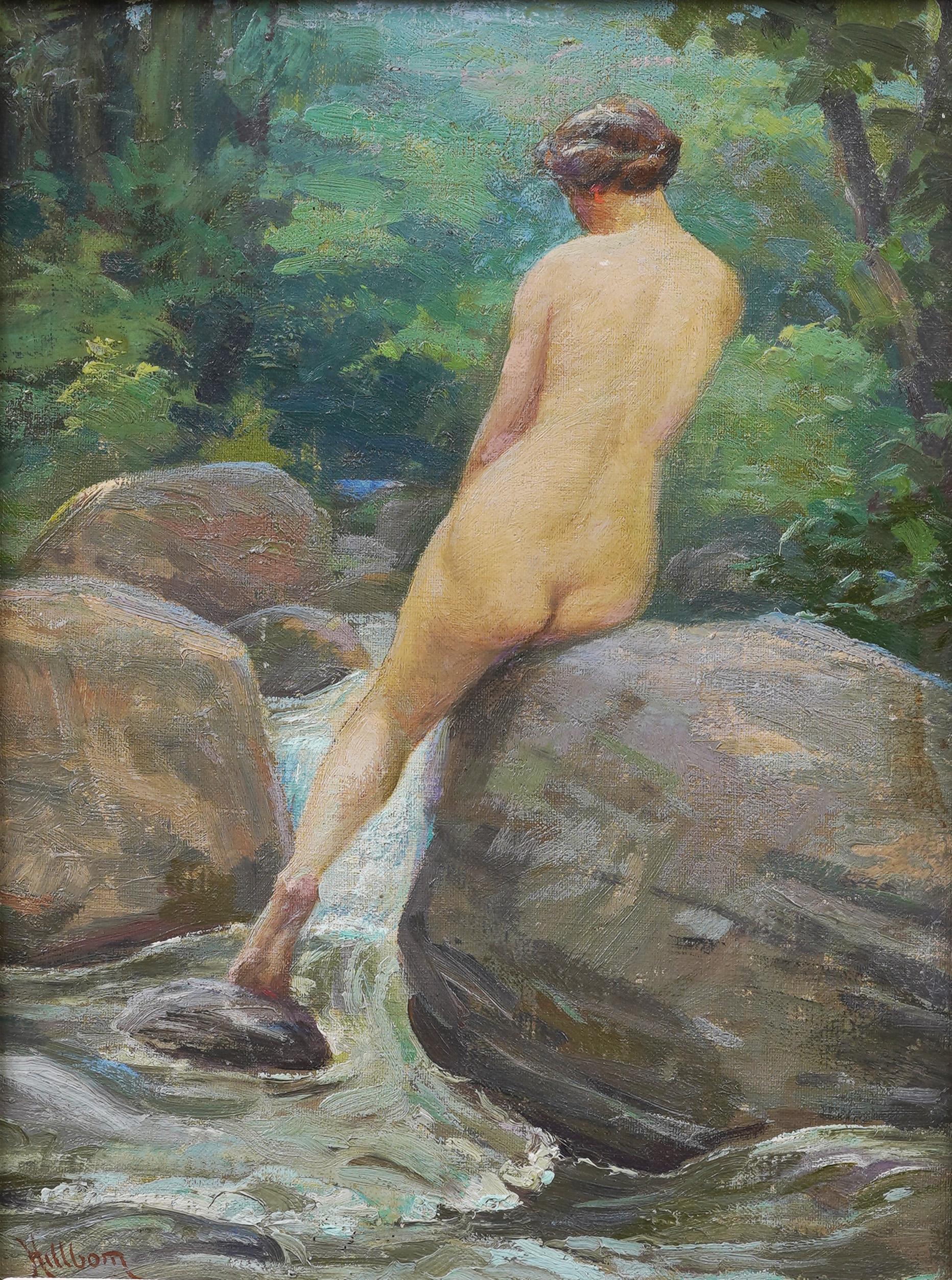 Antique American Impressionist Nude by Stream Exhibited Framed Oil Painting For Sale 1