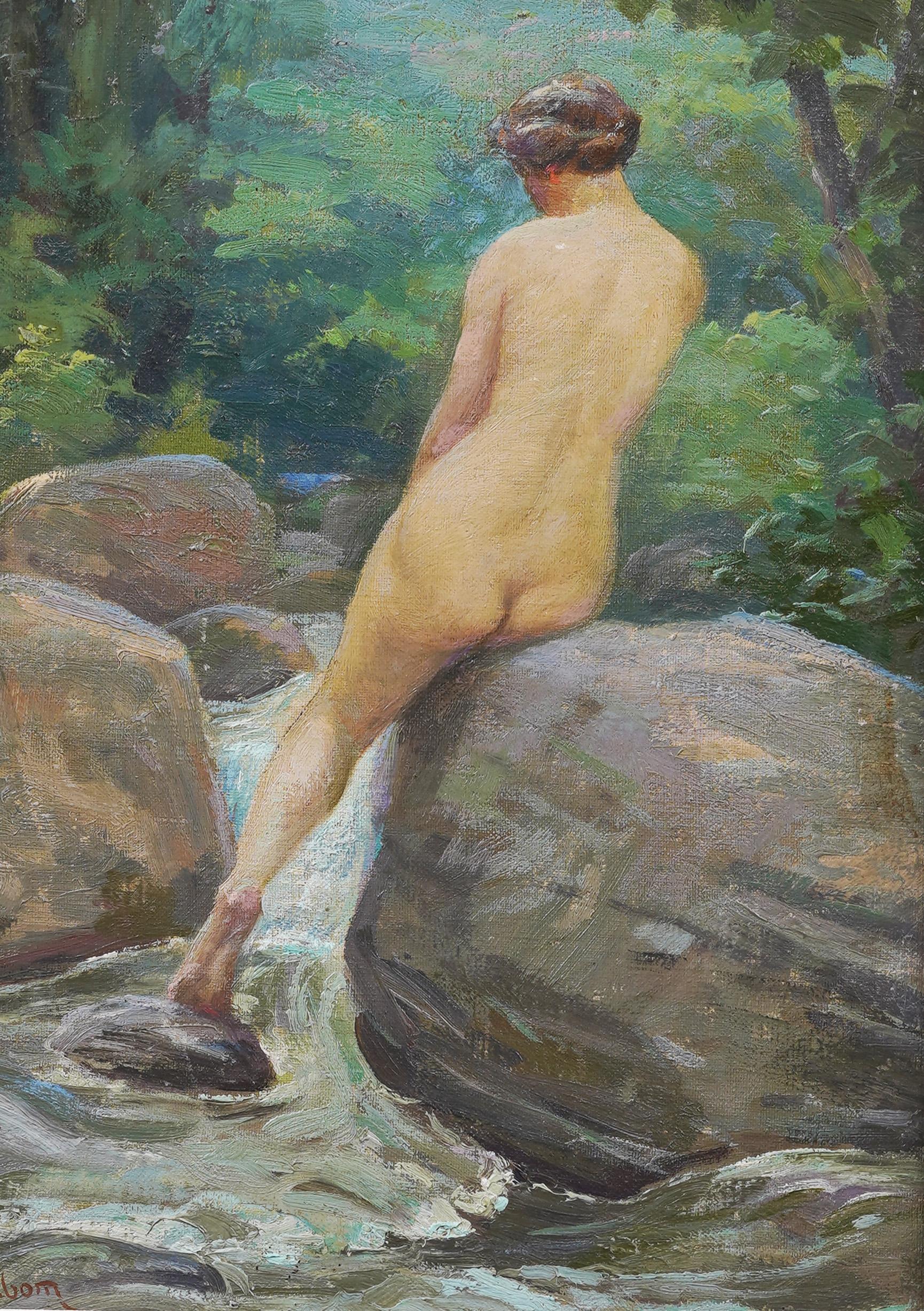 Antique American Impressionist Nude by Stream Exhibited Framed Oil Painting For Sale 2
