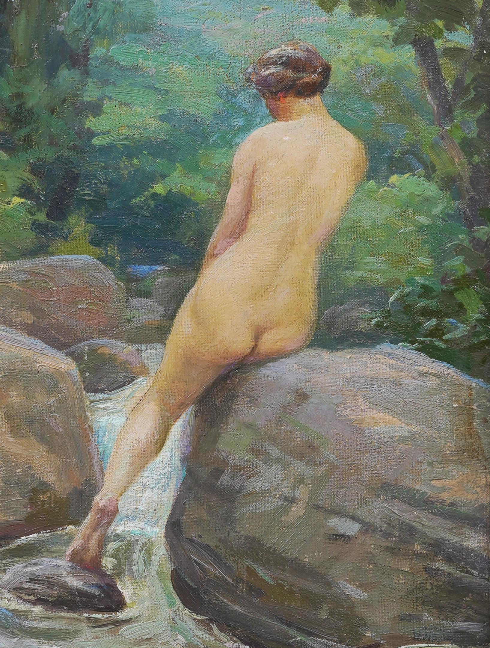 Antique American Impressionist Nude by Stream Exhibited Framed Oil Painting For Sale 3