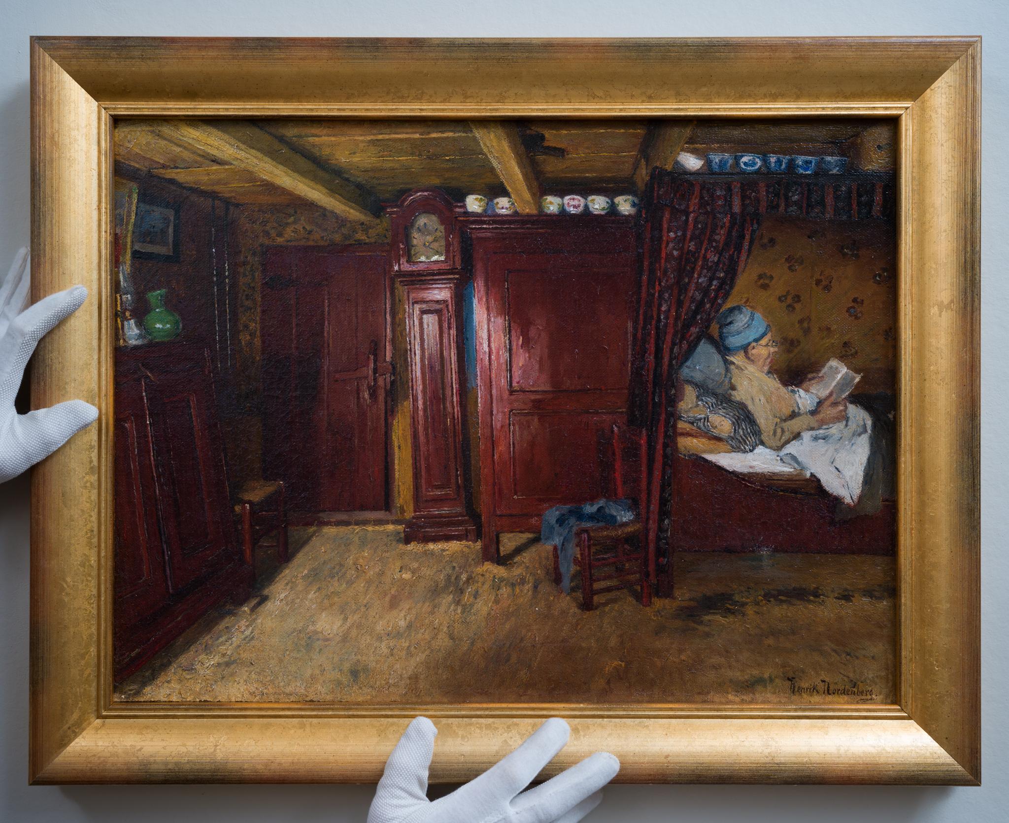 Un momento de reflexión silenciosa del artista de la Escuela de Düsseldorf Henrik Nordenberg - Interior Painting Negro de Henrik Nordenberg 