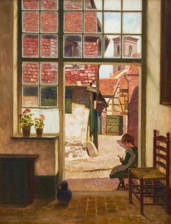 A Reading Girl Sitting in a Doorway by Swedish/German Artist Henrik Nordenberg