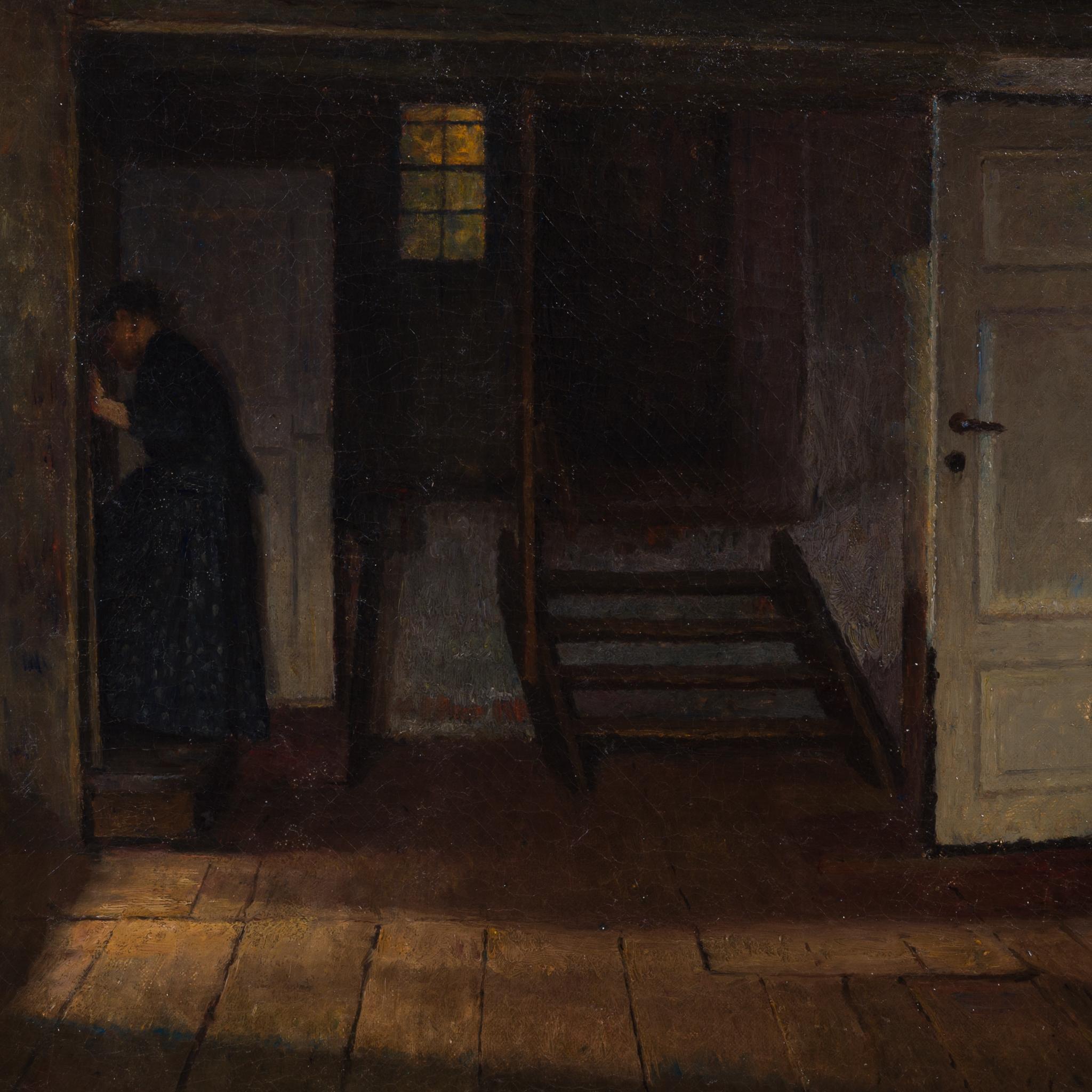Interno con Signora alla Scala - Figurative Painting Nero di Henrik Nordenberg