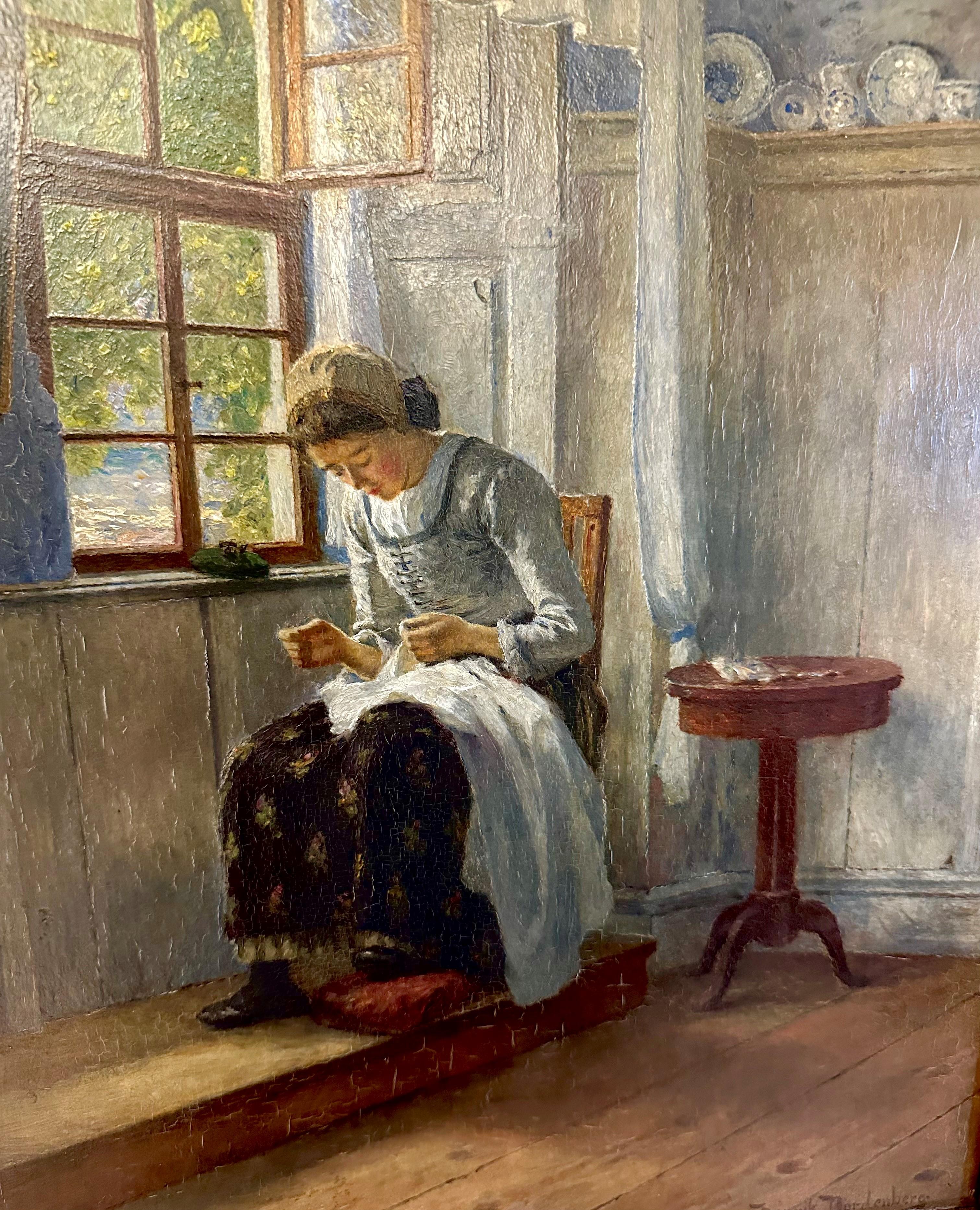 Sewing woman - Painting by Henrik Nordenberg