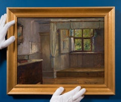 Sommerinterieur mit offenem Fenster, Öl auf Holztafel