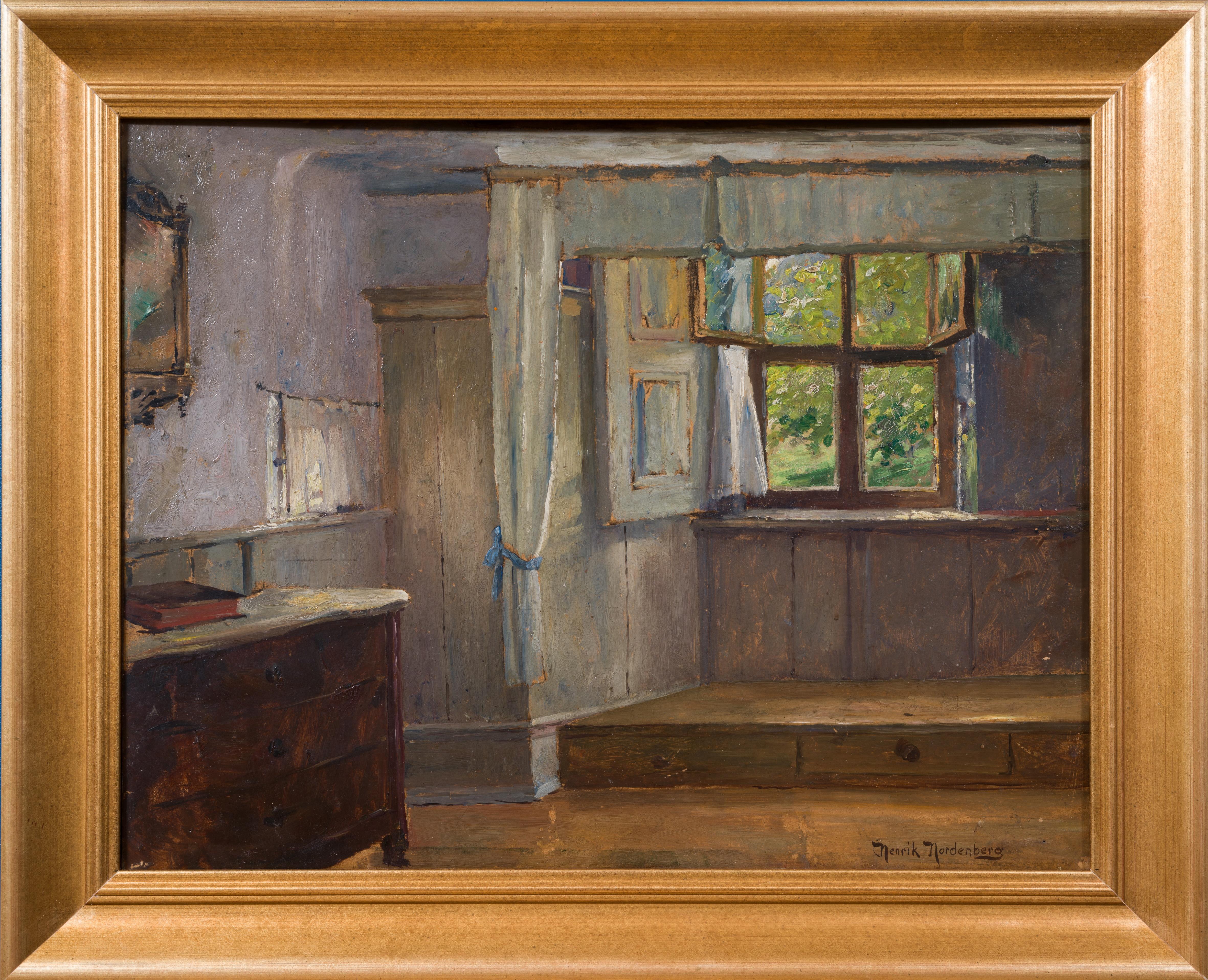 Interior de verano con ventana abierta, óleo sobre tabla