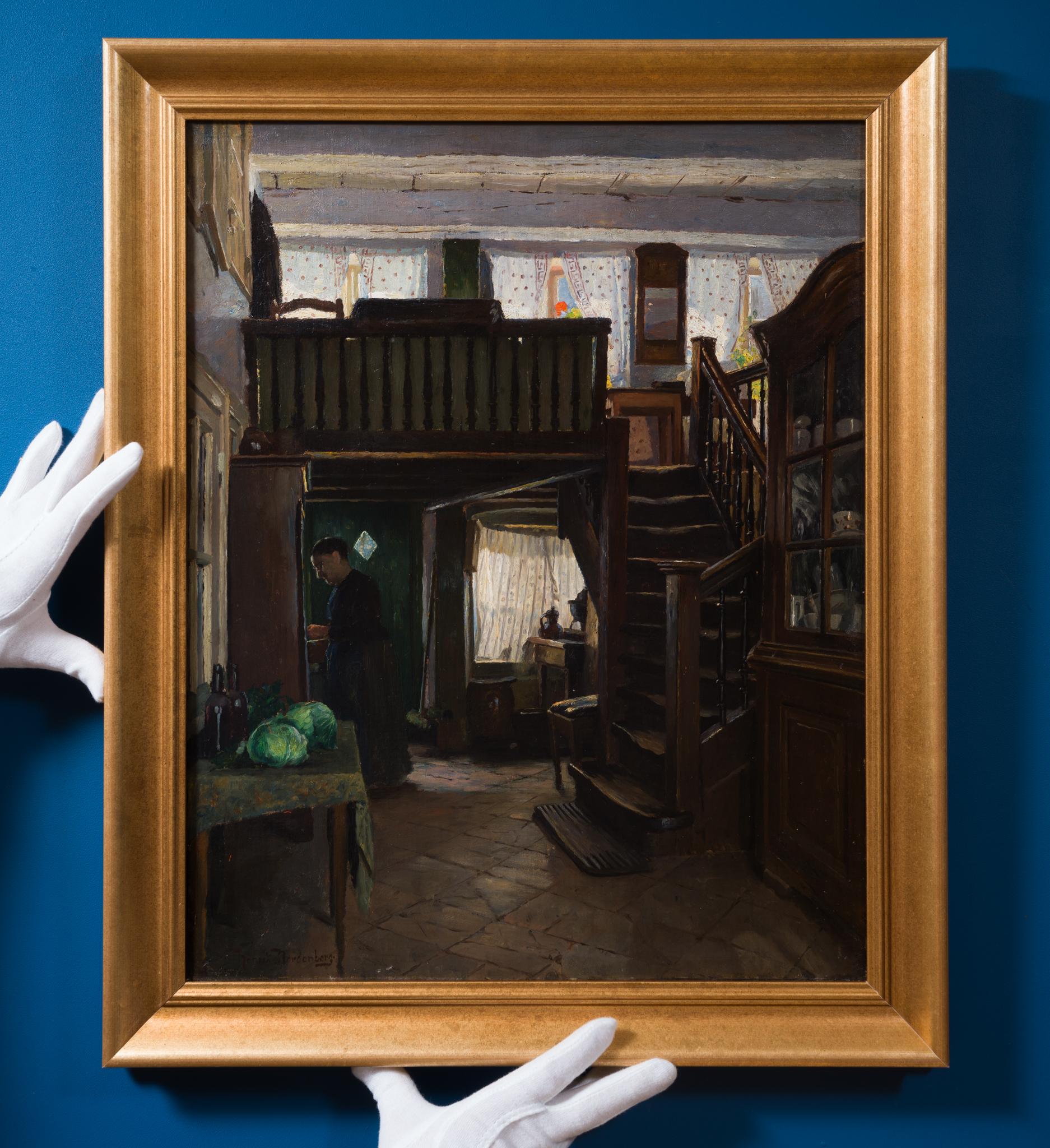 Femme préparant des légumes, scène d'intérieur - Painting de Henrik Nordenberg