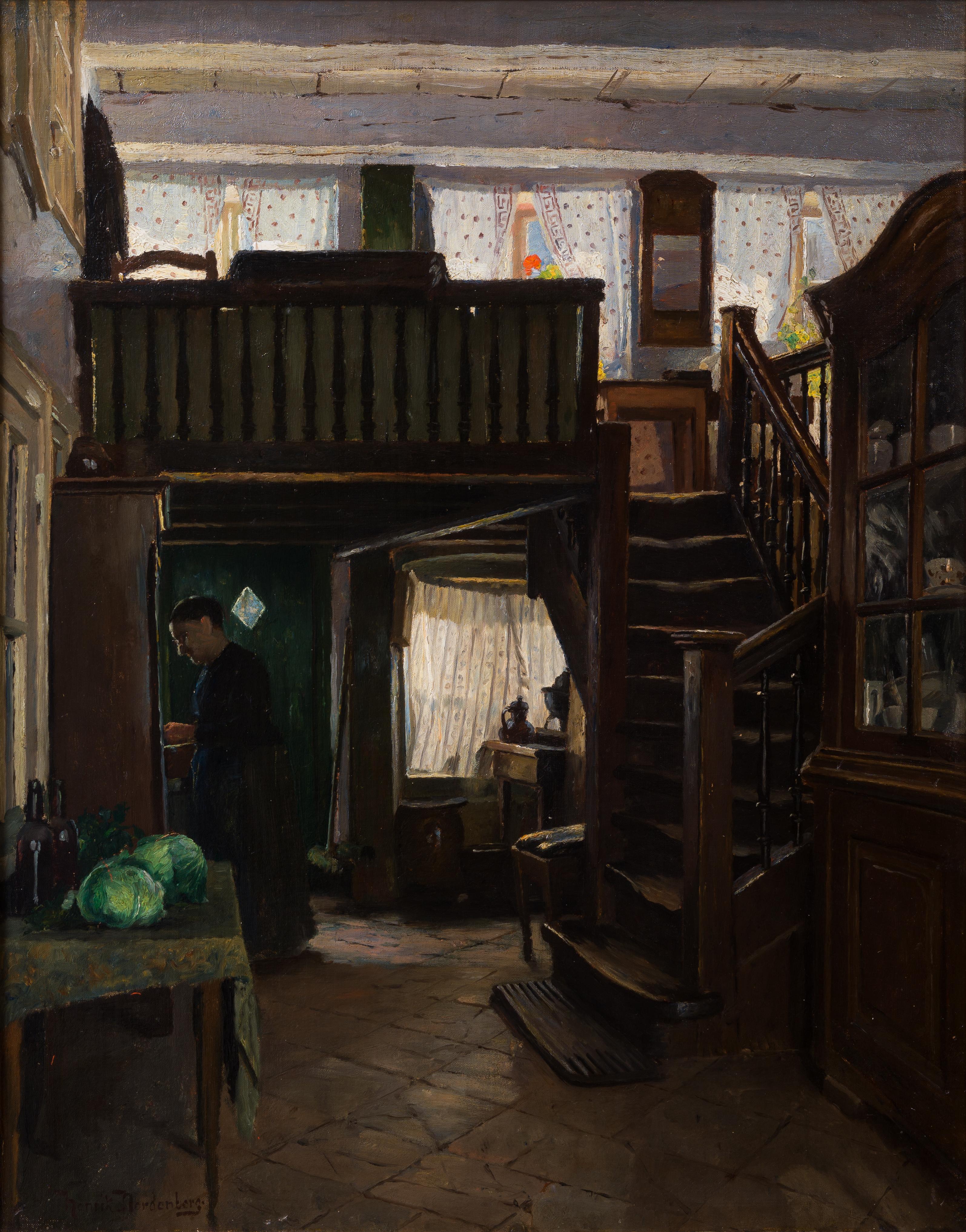 Femme préparant des légumes, scène d'intérieur - Romantique Painting par Henrik Nordenberg