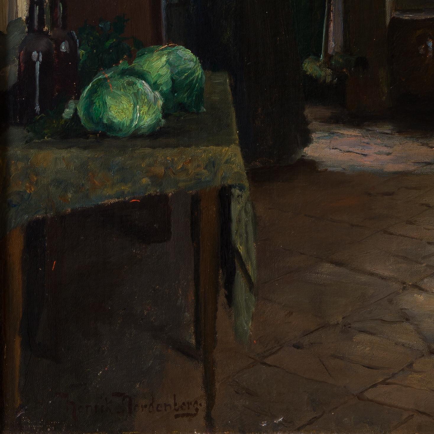 Femme préparant des légumes, scène d'intérieur - Noir Figurative Painting par Henrik Nordenberg