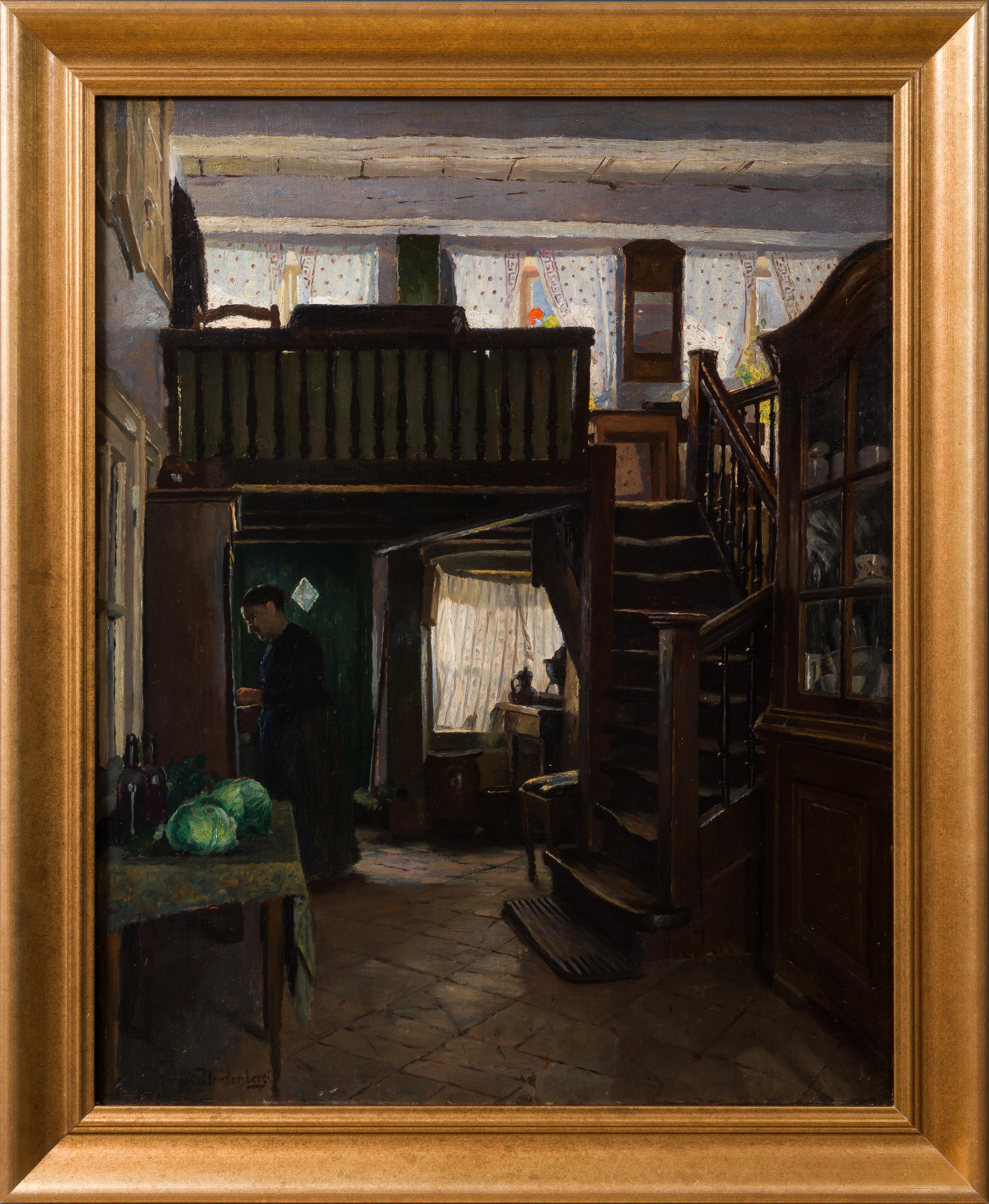 Figurative Painting Henrik Nordenberg - Femme préparant des légumes, scène d
intérieur