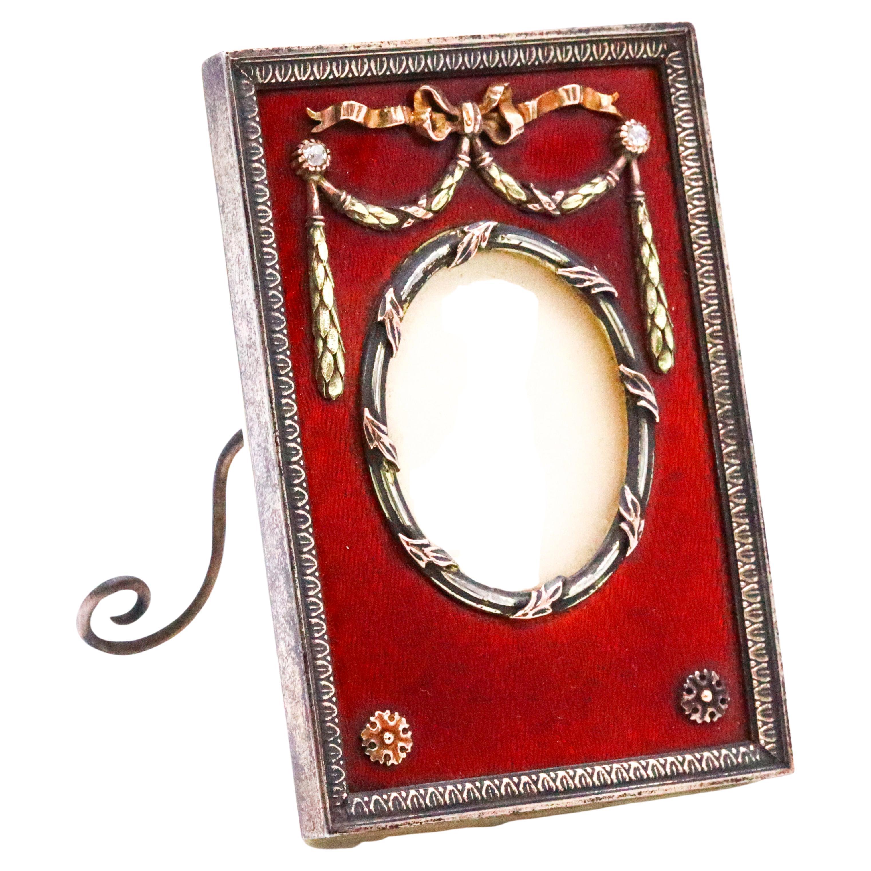 Henrik Wigström 1915 Red Enamel Picture Frame in Gilded Sterling with Diamonds For Sale