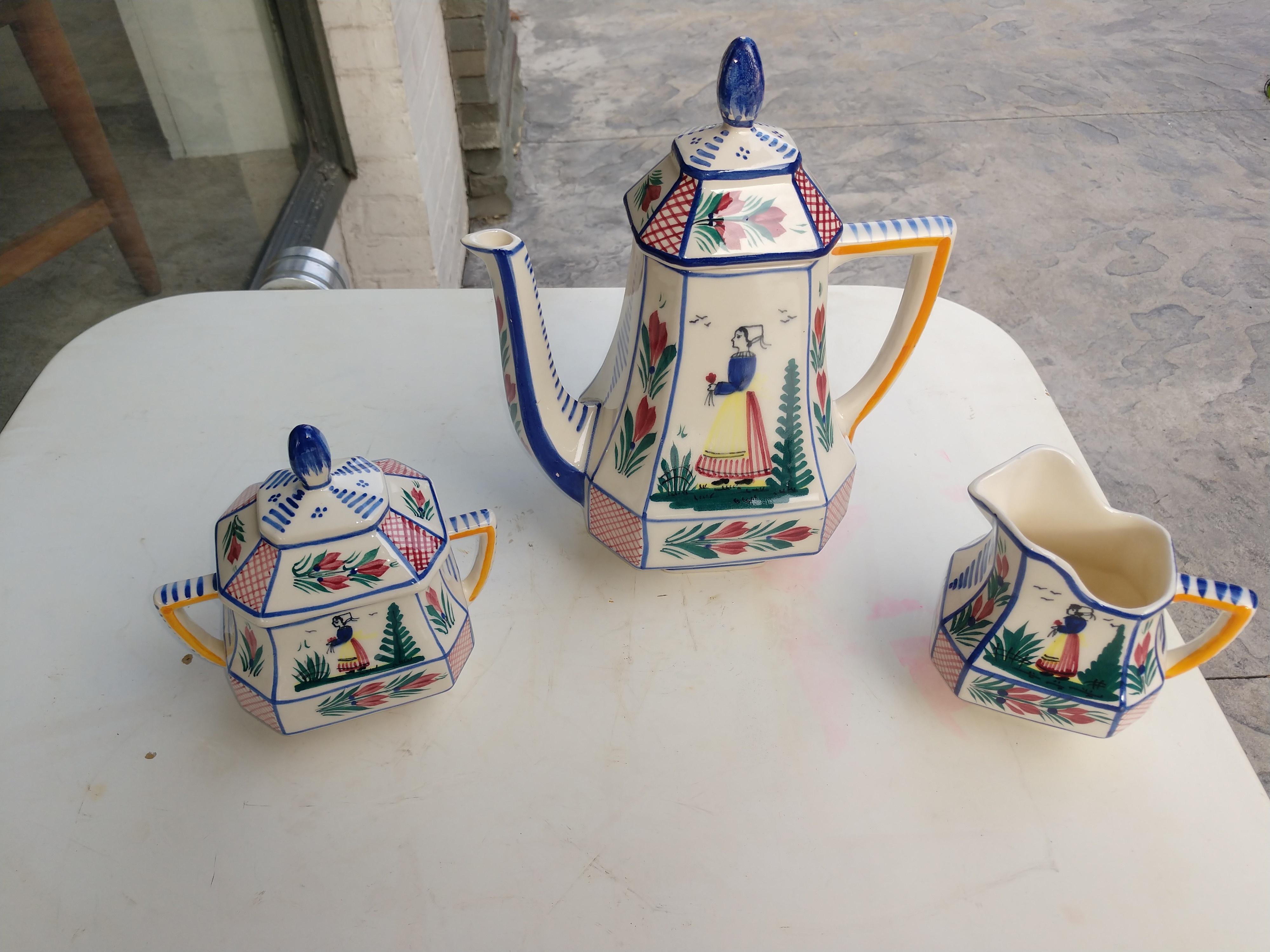 Henriot Quimper Faience Three Piece Coffee Pot Tea Set 2