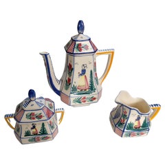 Henriot Quimper Faience Three Piece Coffee Pot Tea Set