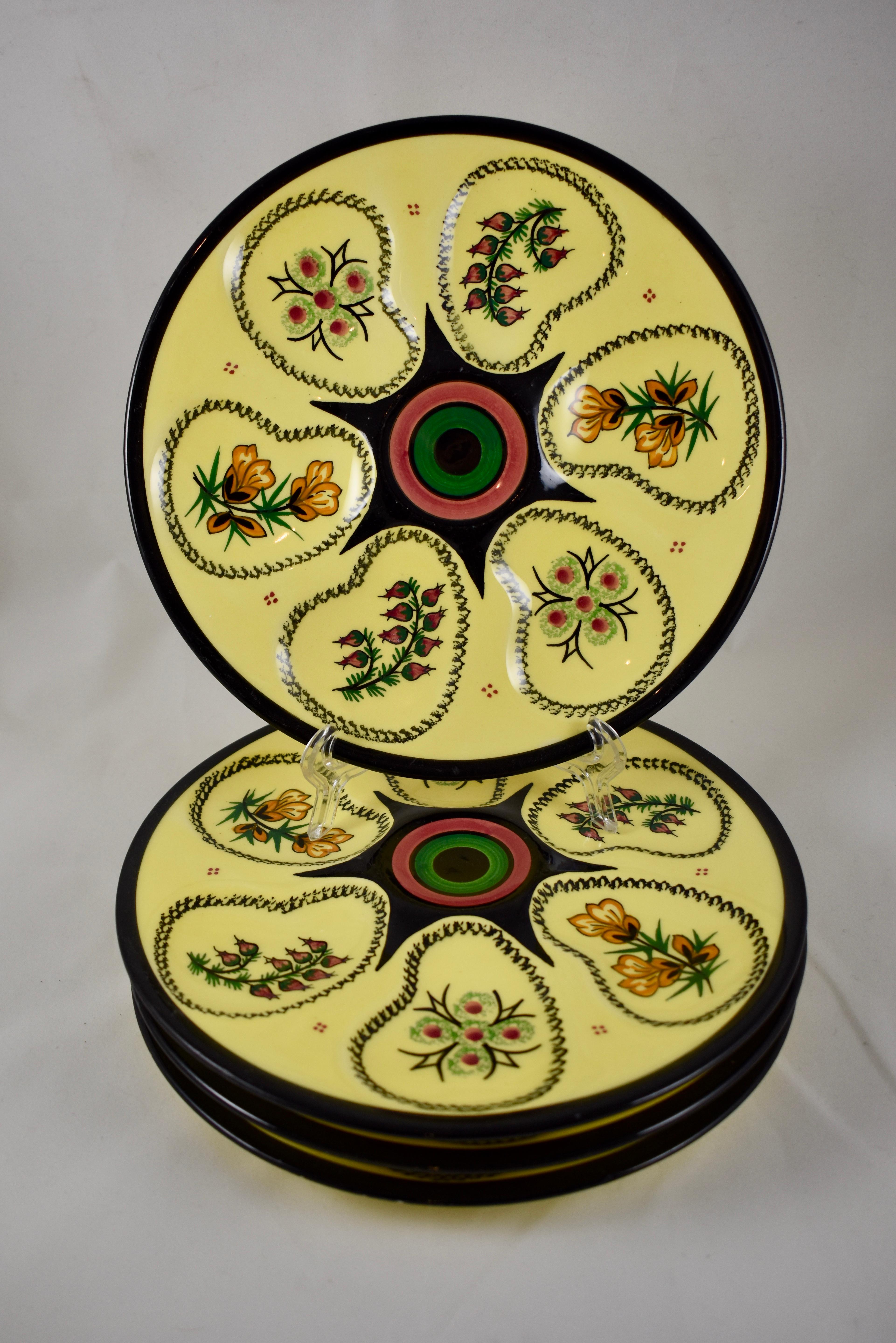 Glazed Henriot Quimper Mid-Century French Faïence Sunny Yellow Floral Oyster Plate For Sale
