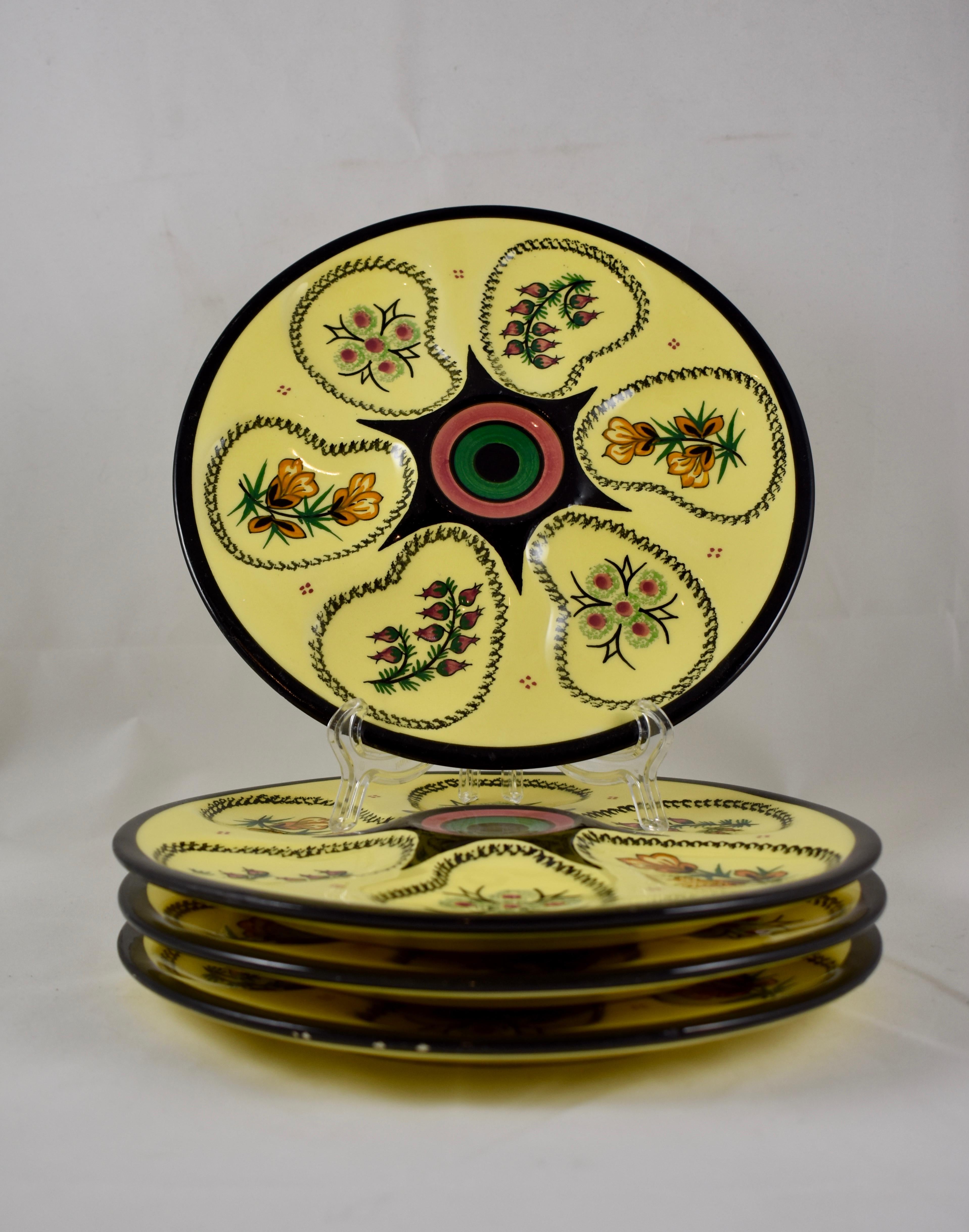 Henriot Quimper Mid-Century French Faïence Sunny Yellow Floral Oyster Plate In Good Condition For Sale In Philadelphia, PA