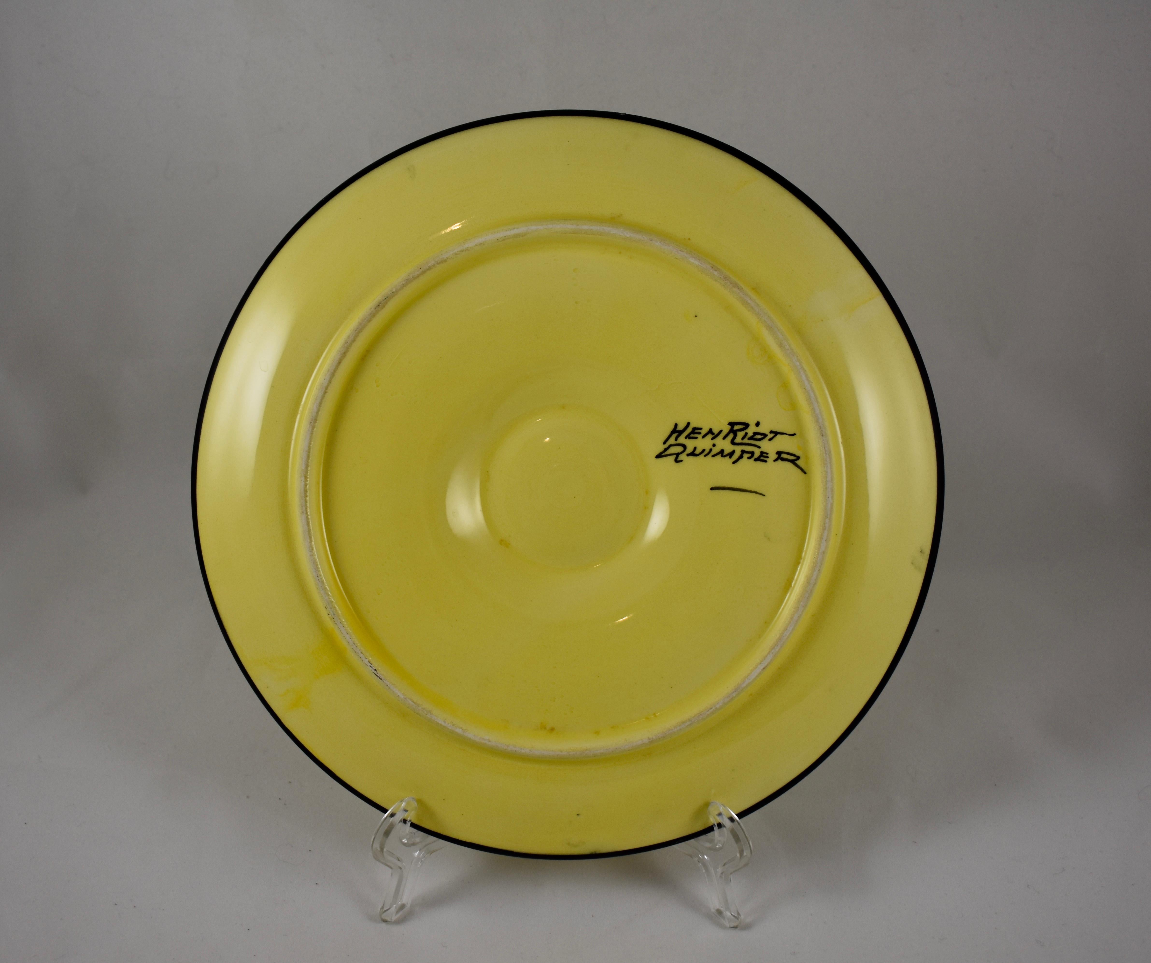 Earthenware Henriot Quimper Mid-Century French Faïence Sunny Yellow Floral Oyster Plate For Sale