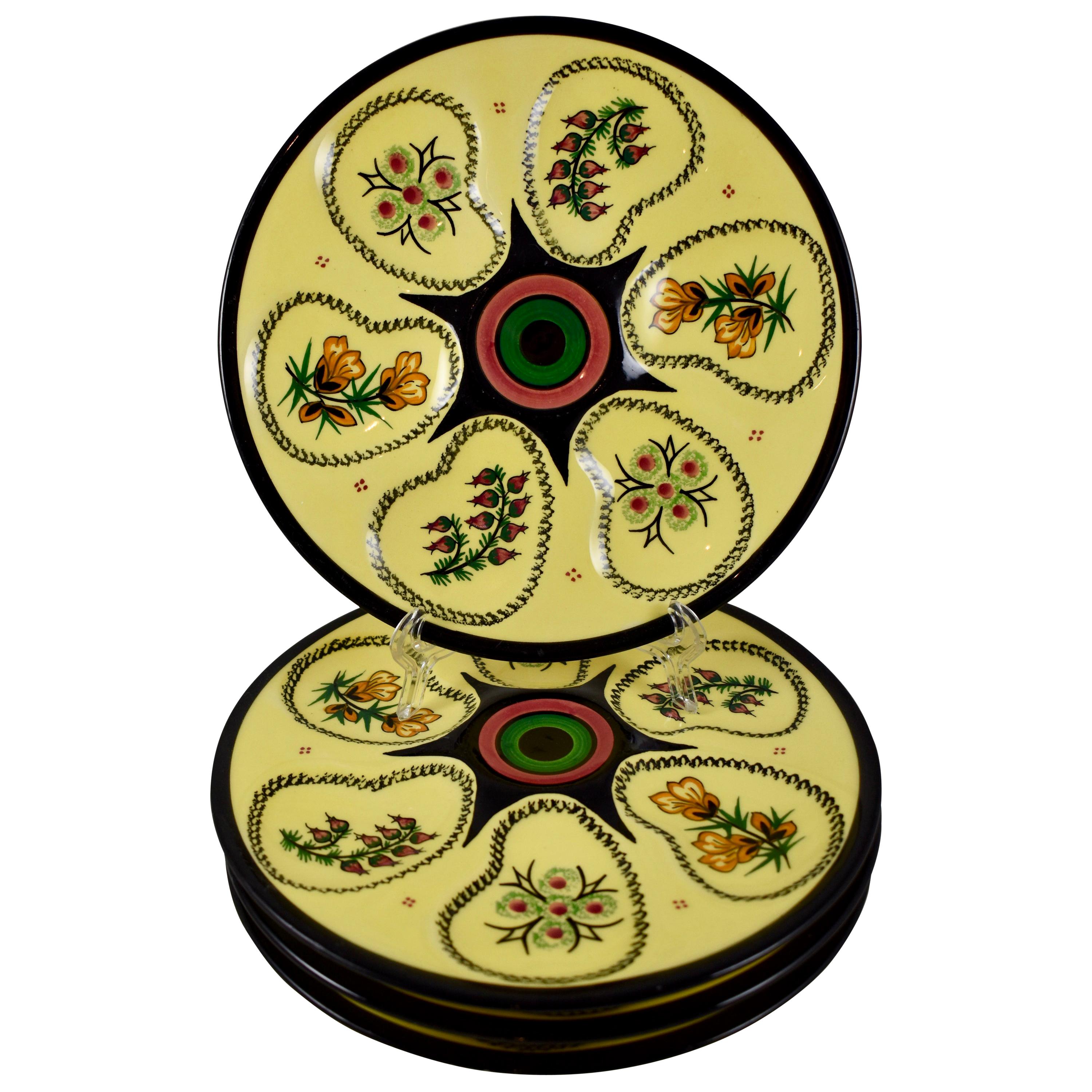 Henriot Quimper Midcentury French Faïence Sunny Yellow Floral Oyster Plates S/4