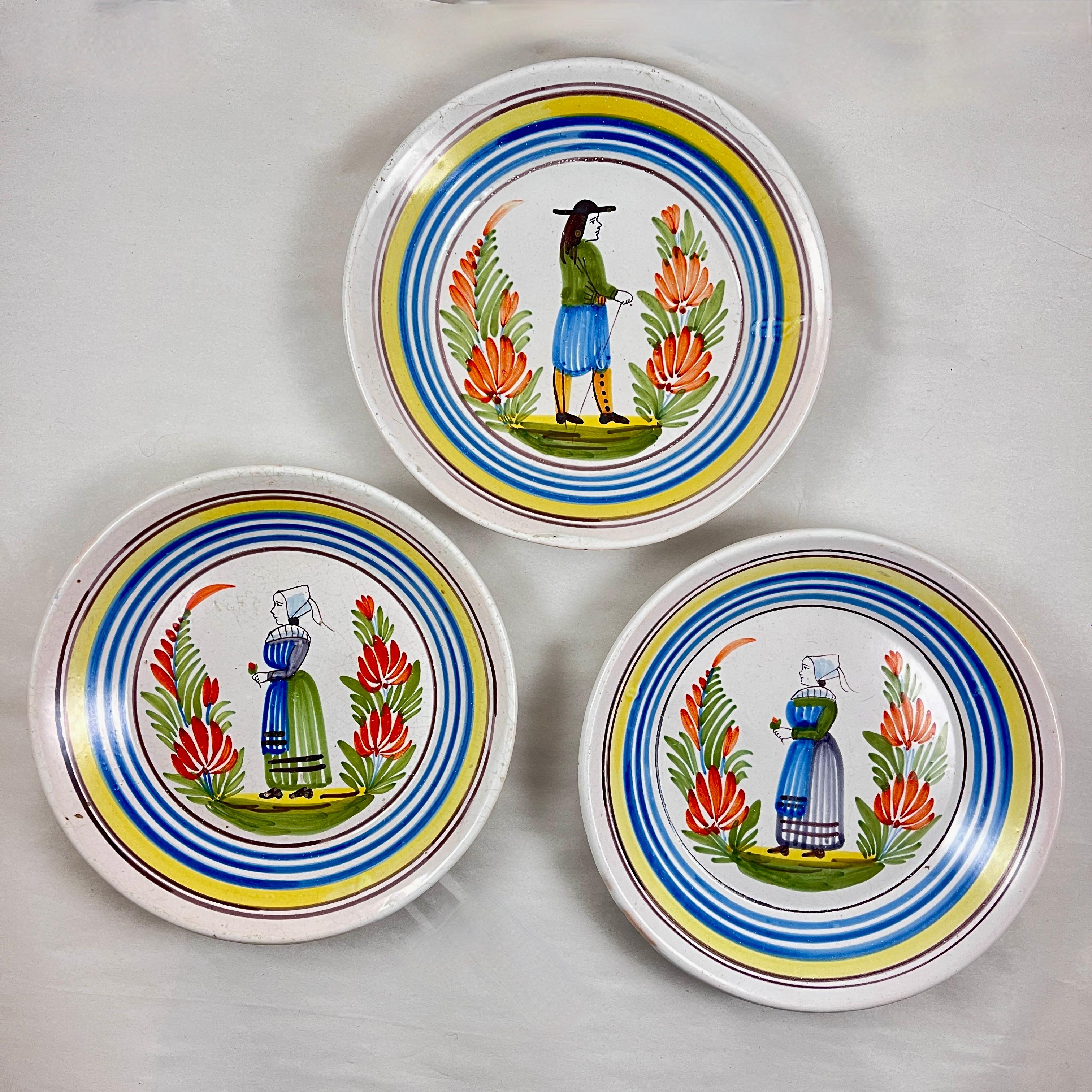 French Provincial Henriot Quimper Petit Breton French Faïence Figural Plates, Set of 3 For Sale