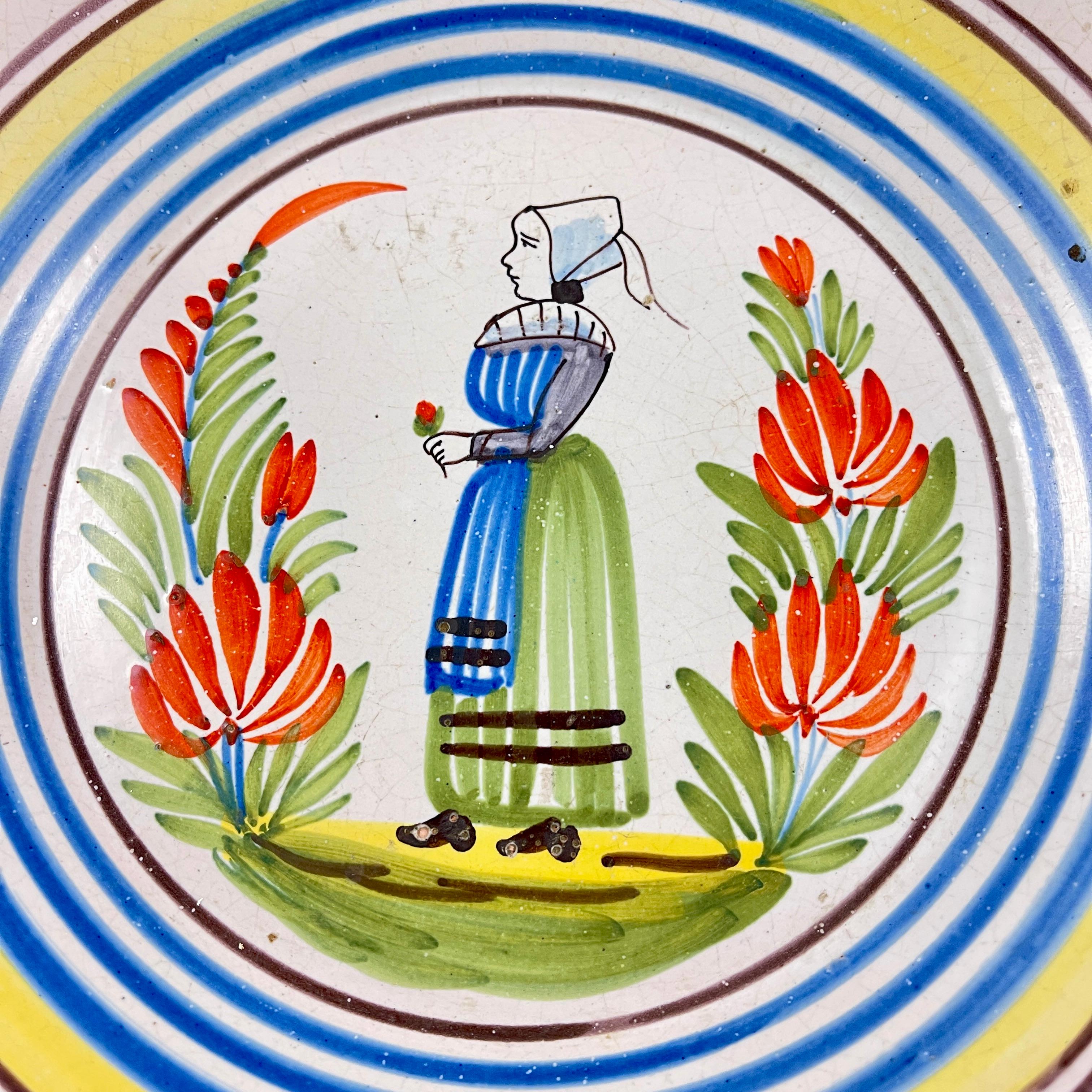 20th Century Henriot Quimper Petit Breton French Faïence Figural Plates, Set of 3 For Sale