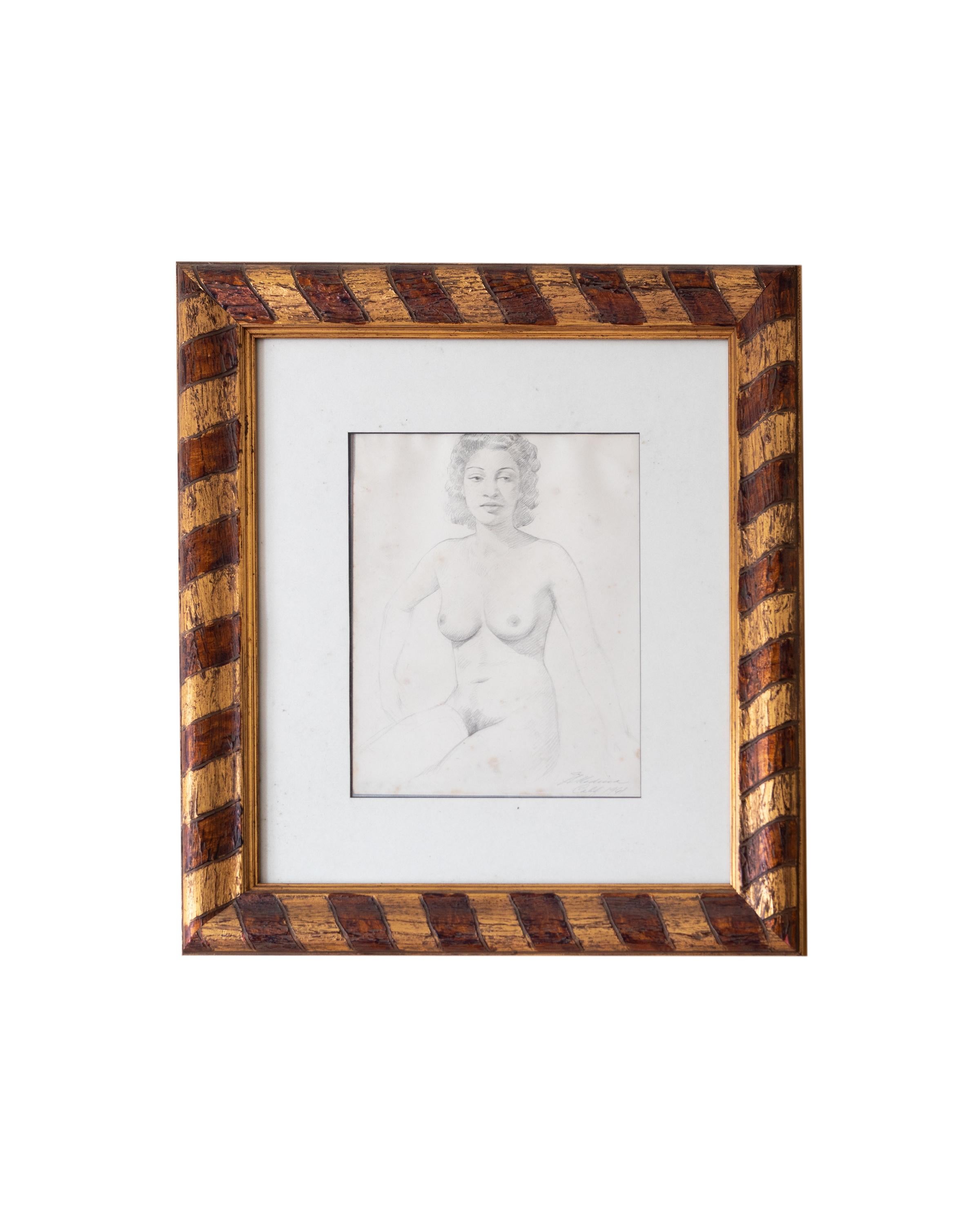 Henrique Medina Nude Portrait Drawing, 1941, Ornate Frame For Sale