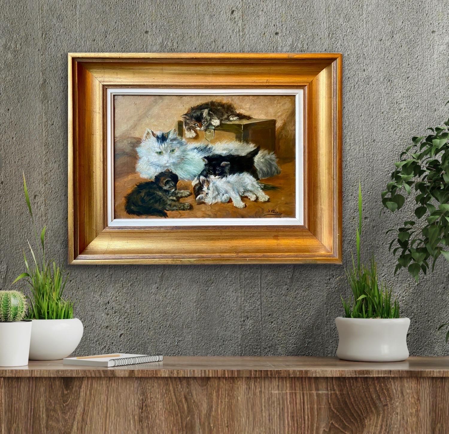 Pintura al óleo sobre gatos - Una madre jugando con sus gatitos - Familia 1912 5