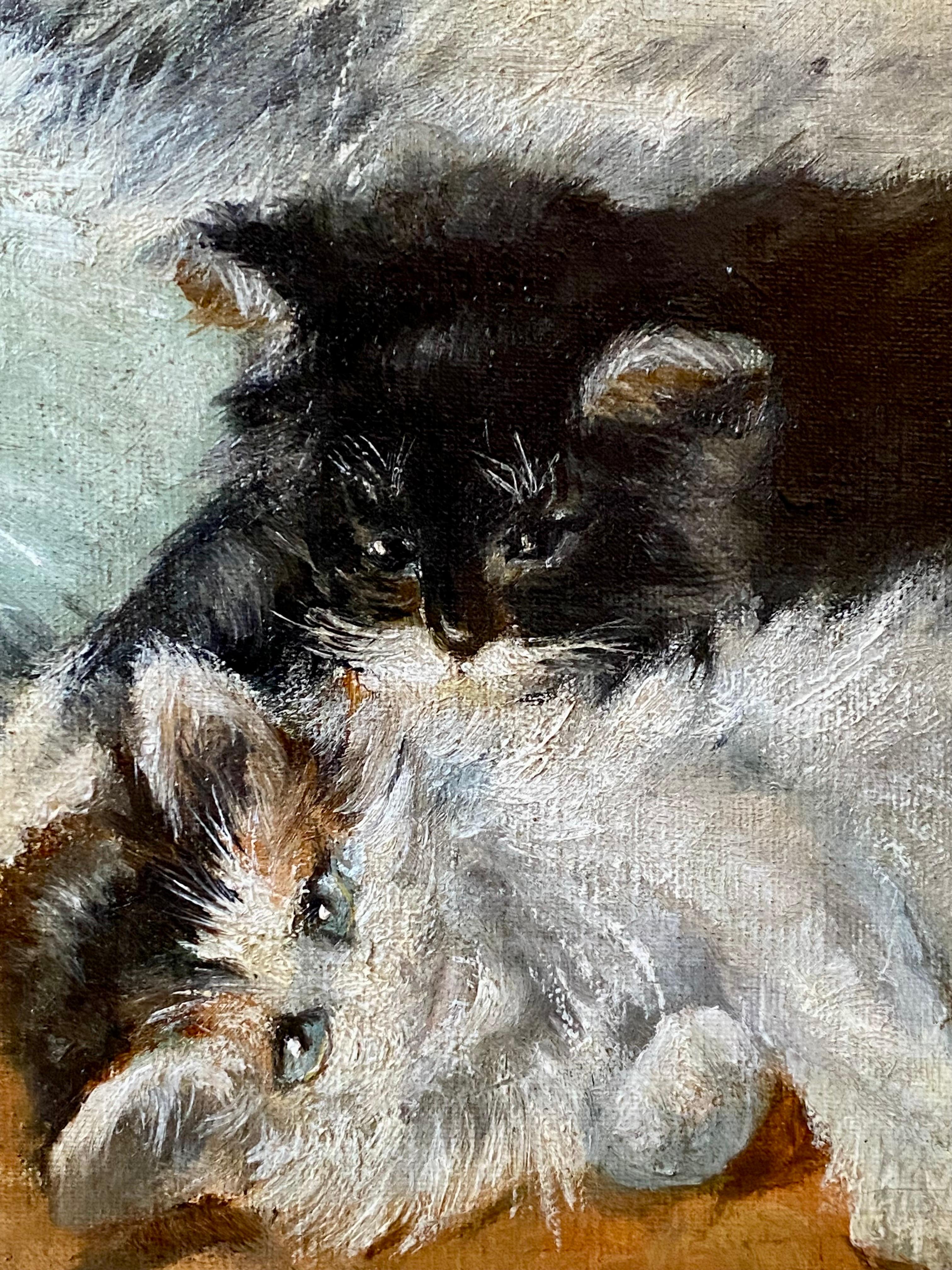 Adorable oil painting depicting a mother cat playing with her kittens painted in 1912 by a follower of Henriette Ronner-Knip

Henriëtte Ronner-Knip (31 May 1821 – 2 March 1909) was a famous Dutch-Belgian artist in the Romantic style who particularly