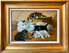 Cat oil painting - A mother playing with her kittens - Family 1912