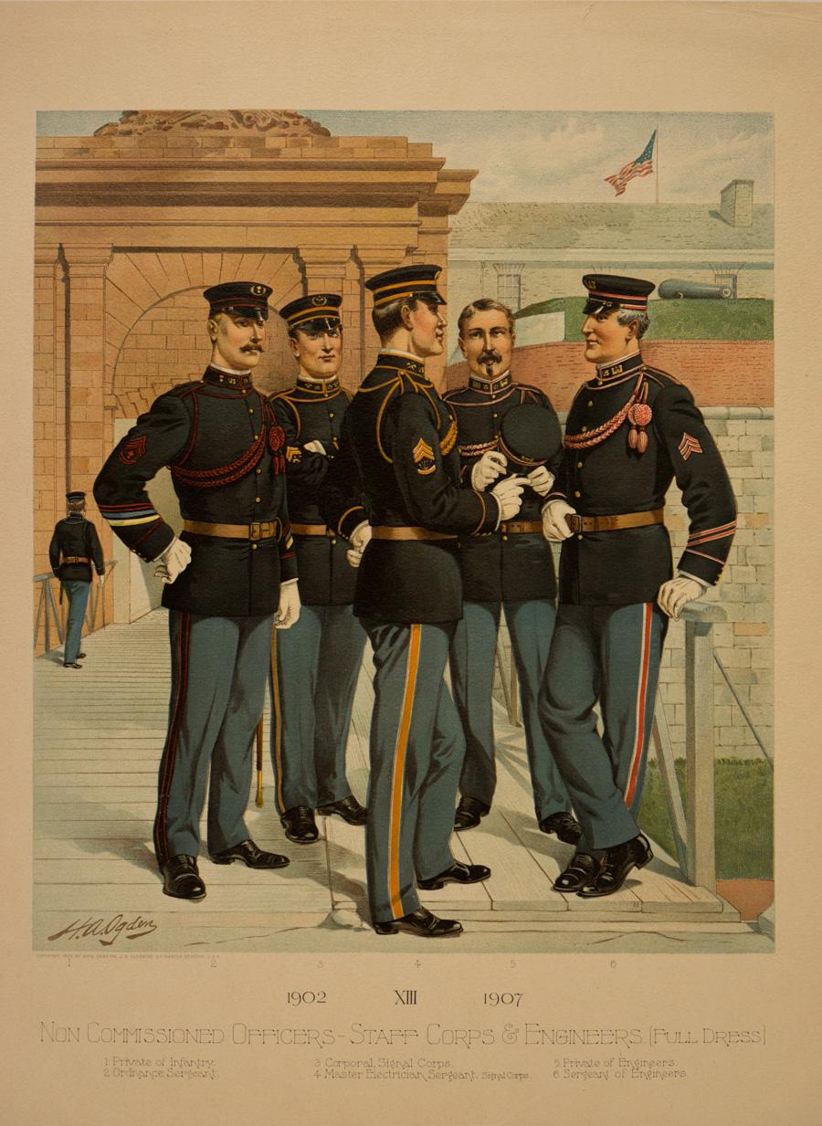 Date de publication : 1908 New York

Image sous-jacente : Copyright 1908 par Brig General J.B. Aleshire, Qr. Maître Général U.S.A.
Identification (de gauche à droite) : 1.soldat d'infanterie 2.sergent d'ordonnance 3.caporal, Signal Corps. 4.Sergent