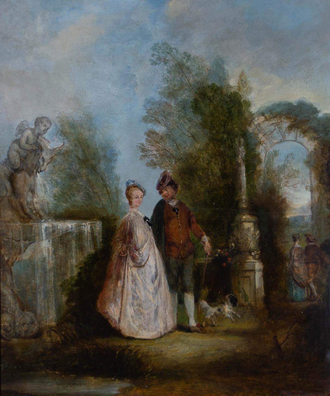Sulis Fine Art is proud to present this fine Georgian oil, attributed to the genre scene painter Henry Adams (1794-1868). The scene shows an elegantly dressed couple, the woman in a flowing white dress and the man in britches and a rust coloured ,