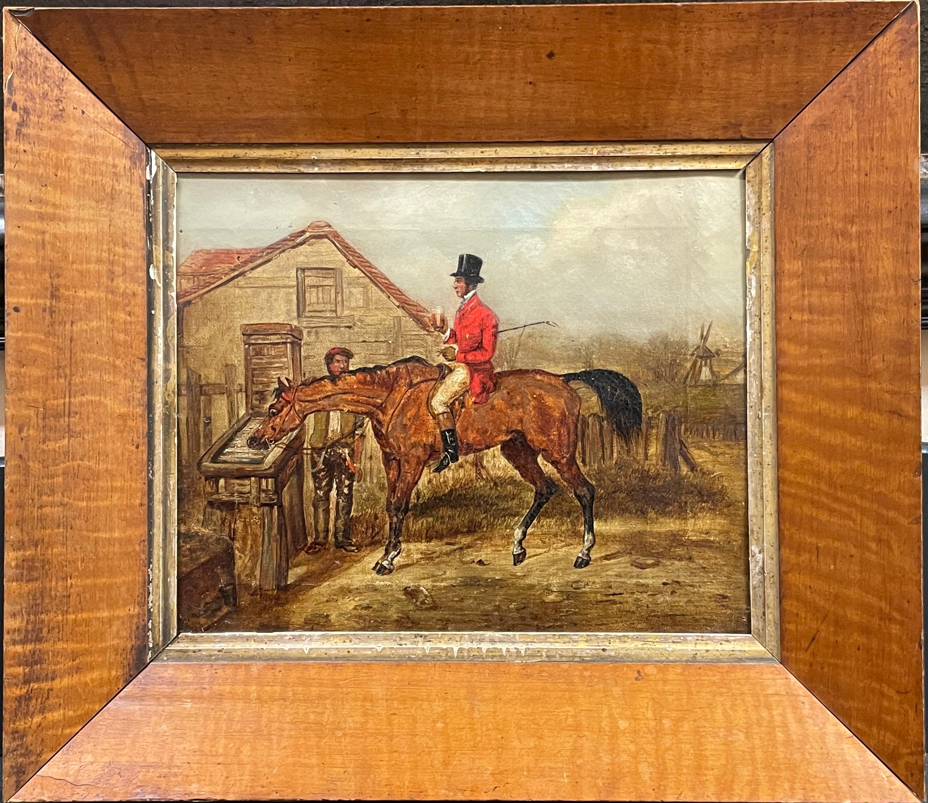 1840's English Hunting Oil Painting Huntsman on Horse Pausing for Refreshments