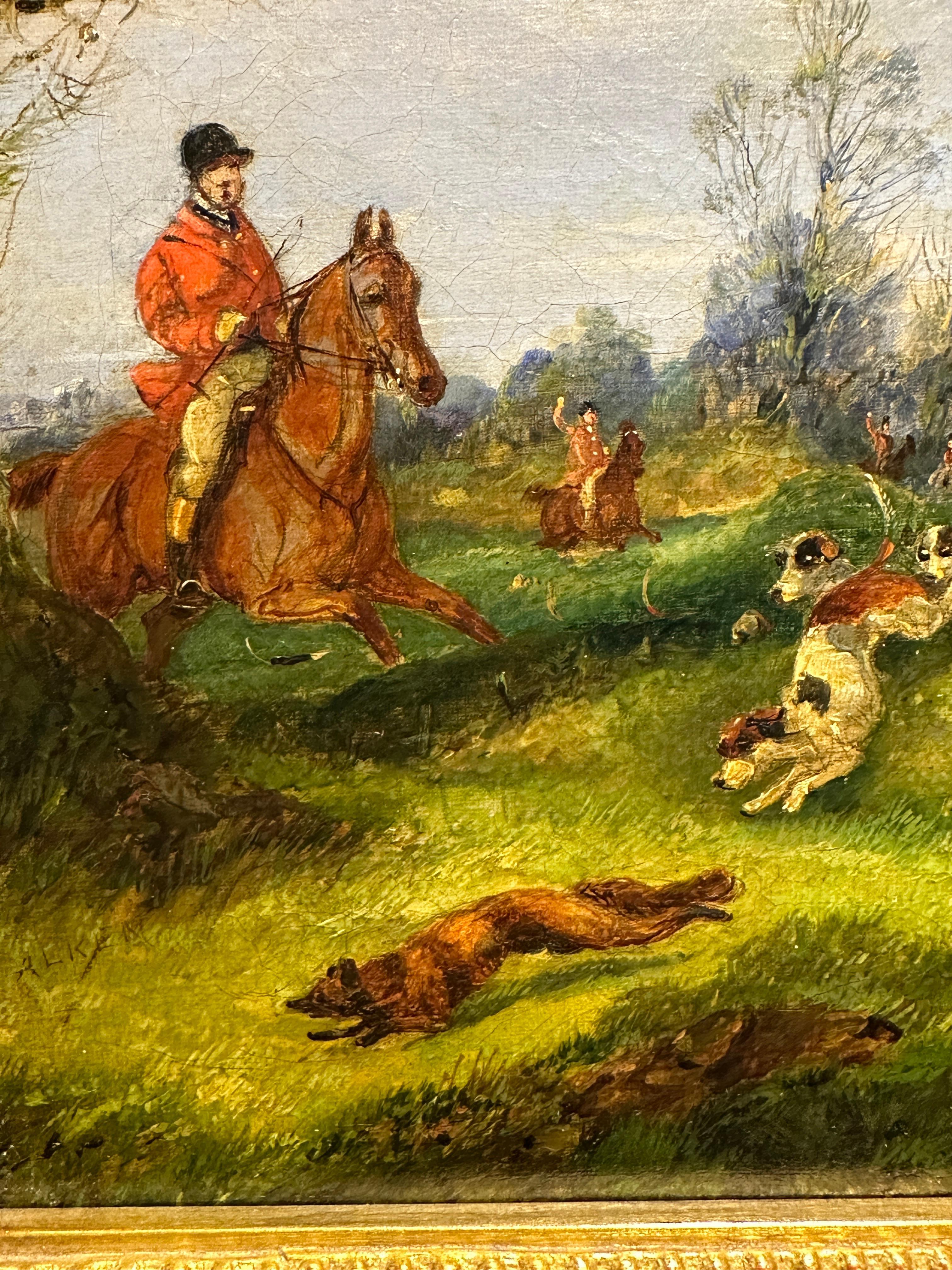 4 Siglo XIX Caza del zorro en un paisaje con caballos, cazador y sabuesos en venta 9