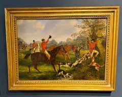 4 Caccia alla volpe del XIX secolo in un paesaggio con cavalli, cacciatore e cani da caccia