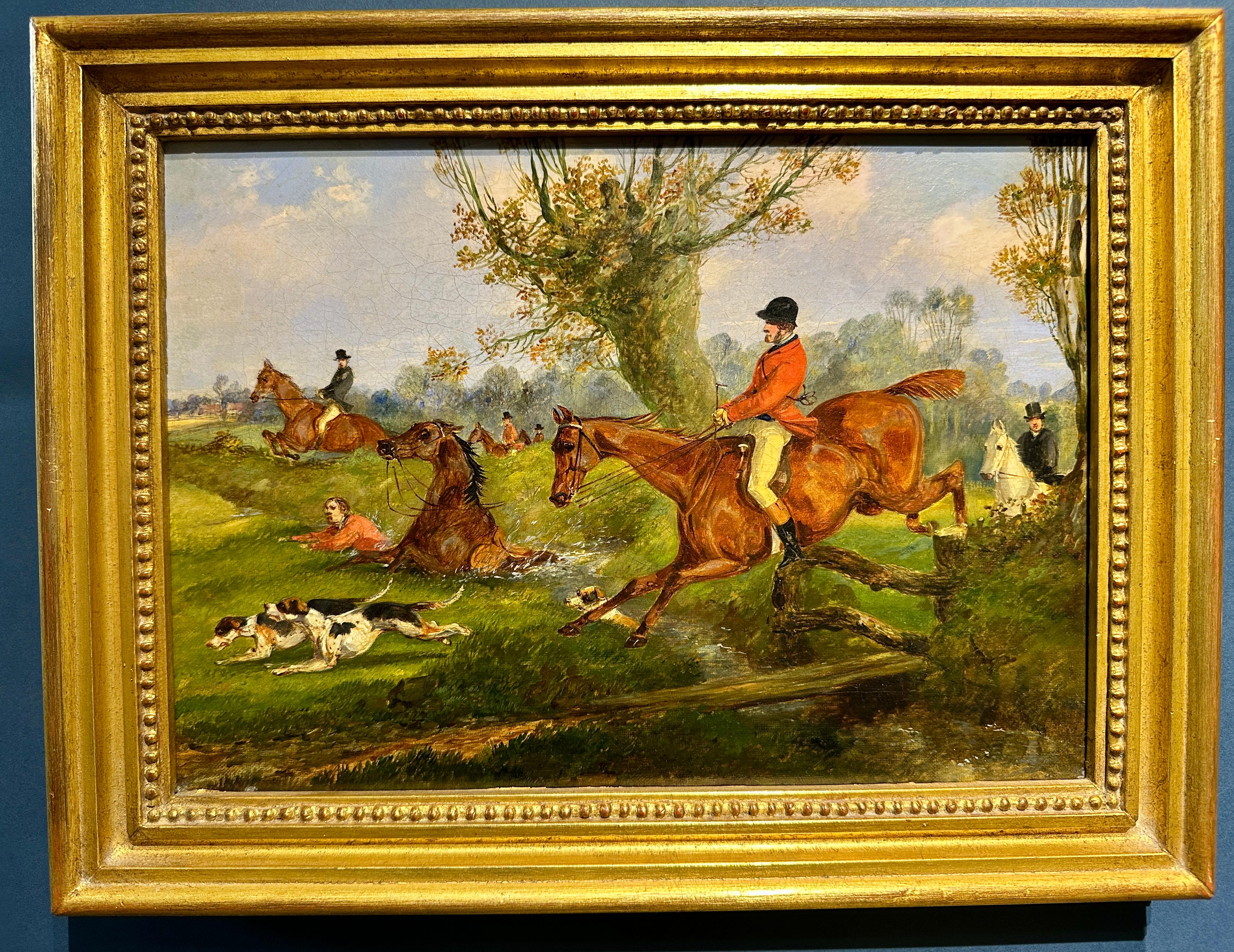 4 Siglo XIX Caza del zorro en un paisaje con caballos, cazador y sabuesos - Animal Painting Naranja de Henry Alken