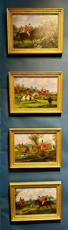 4 19th century Fox Hunting in a landscape with horses, huntsman and hounds