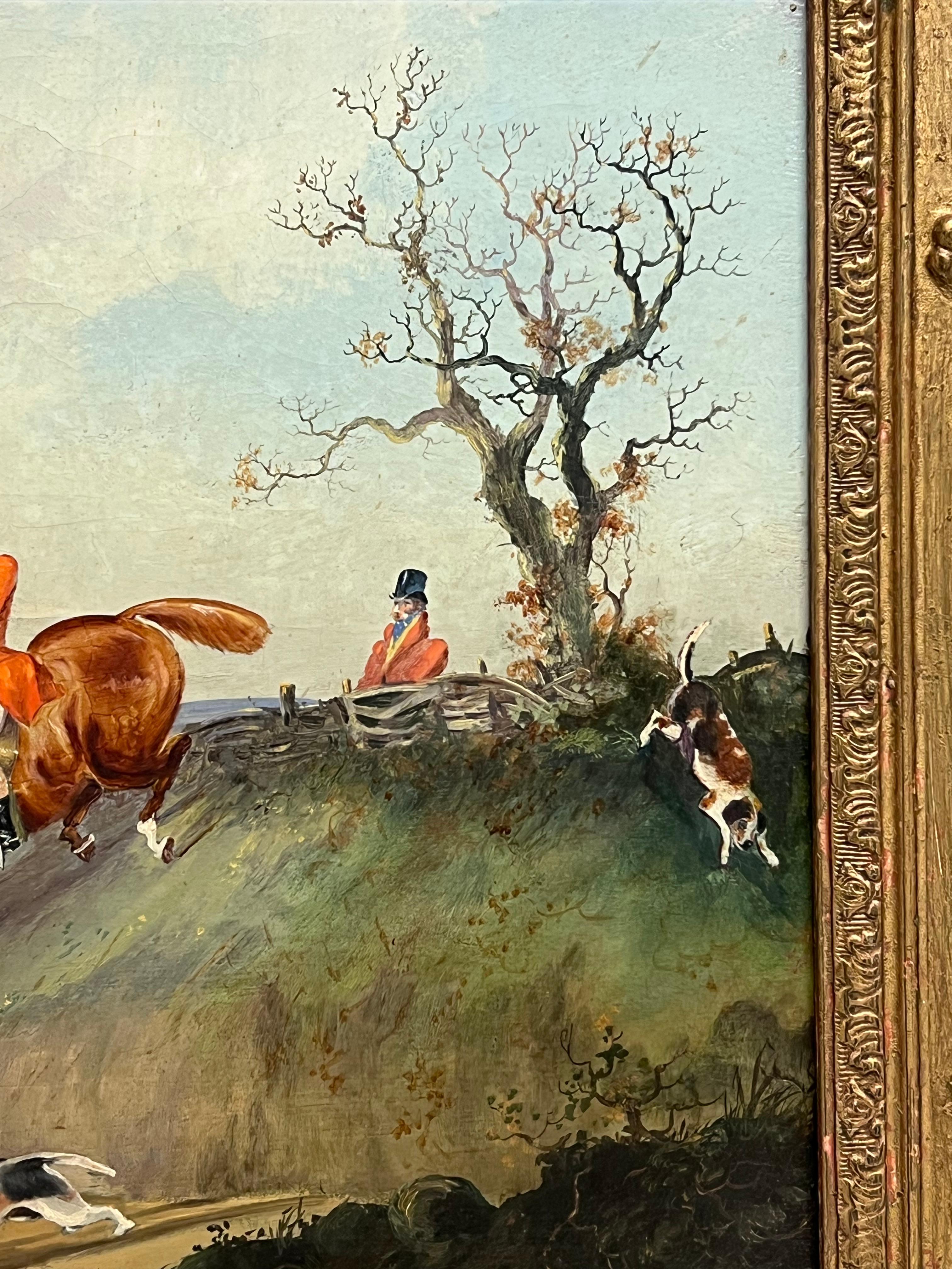 Antique English Sporting Art Oil Painting Fox Hunting Scene Horses & Hounds 7