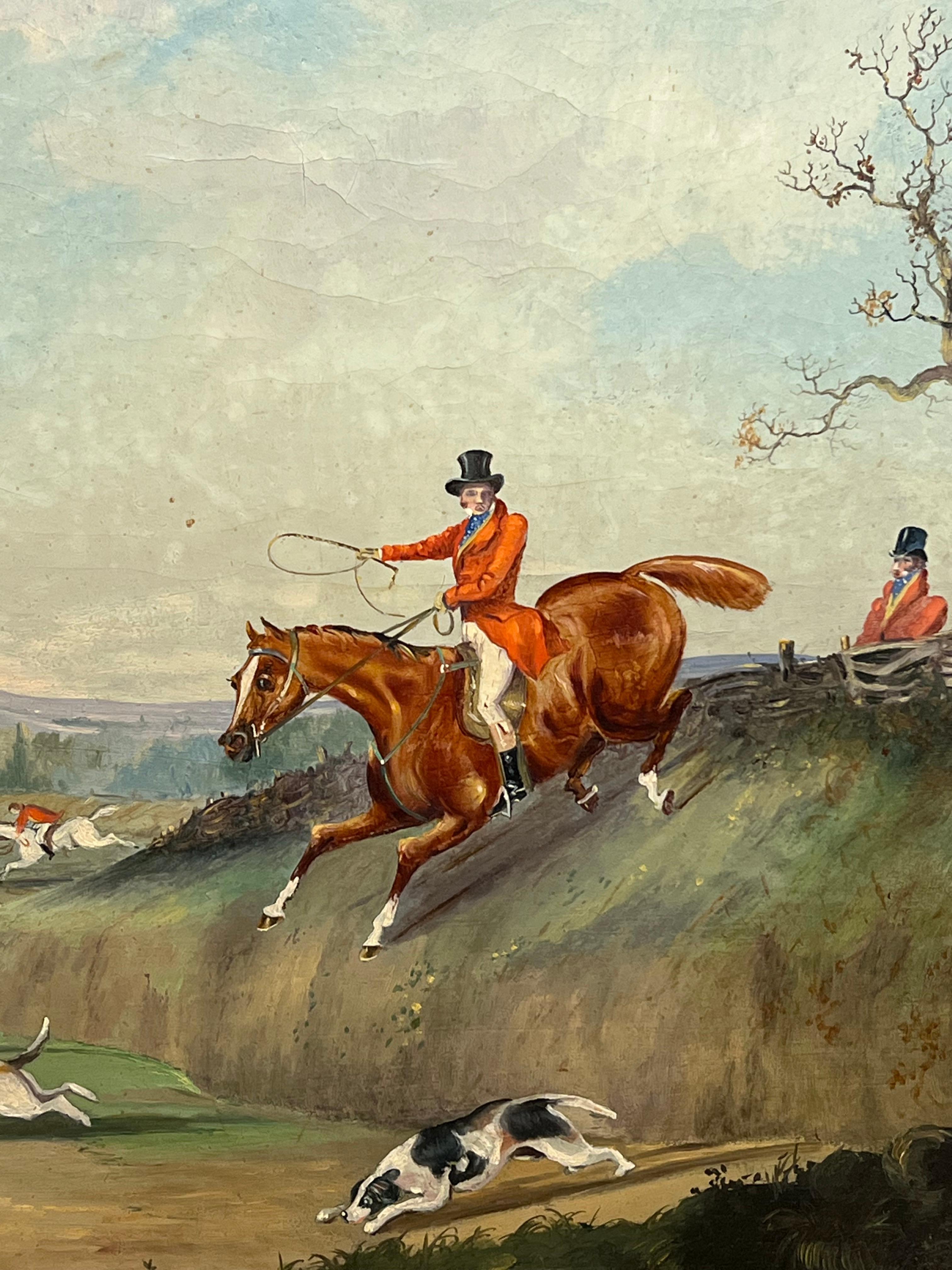 Antique English Sporting Art Oil Painting Fox Hunting Scene Horses & Hounds 8