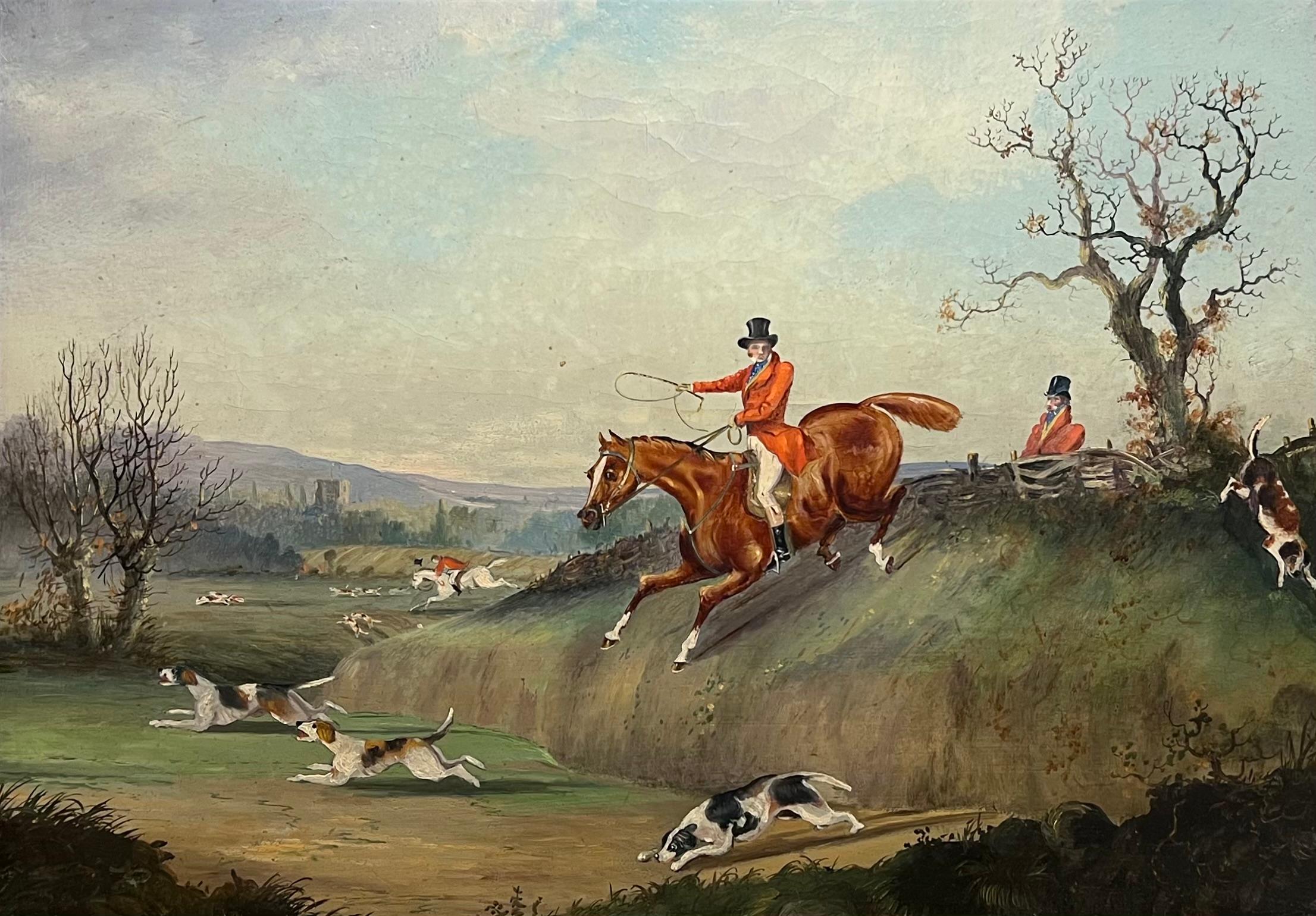 Antique English Sporting Art Oil Painting Fox Hunting Scene Horses & Hounds - Brown Figurative Painting by Henry Alken