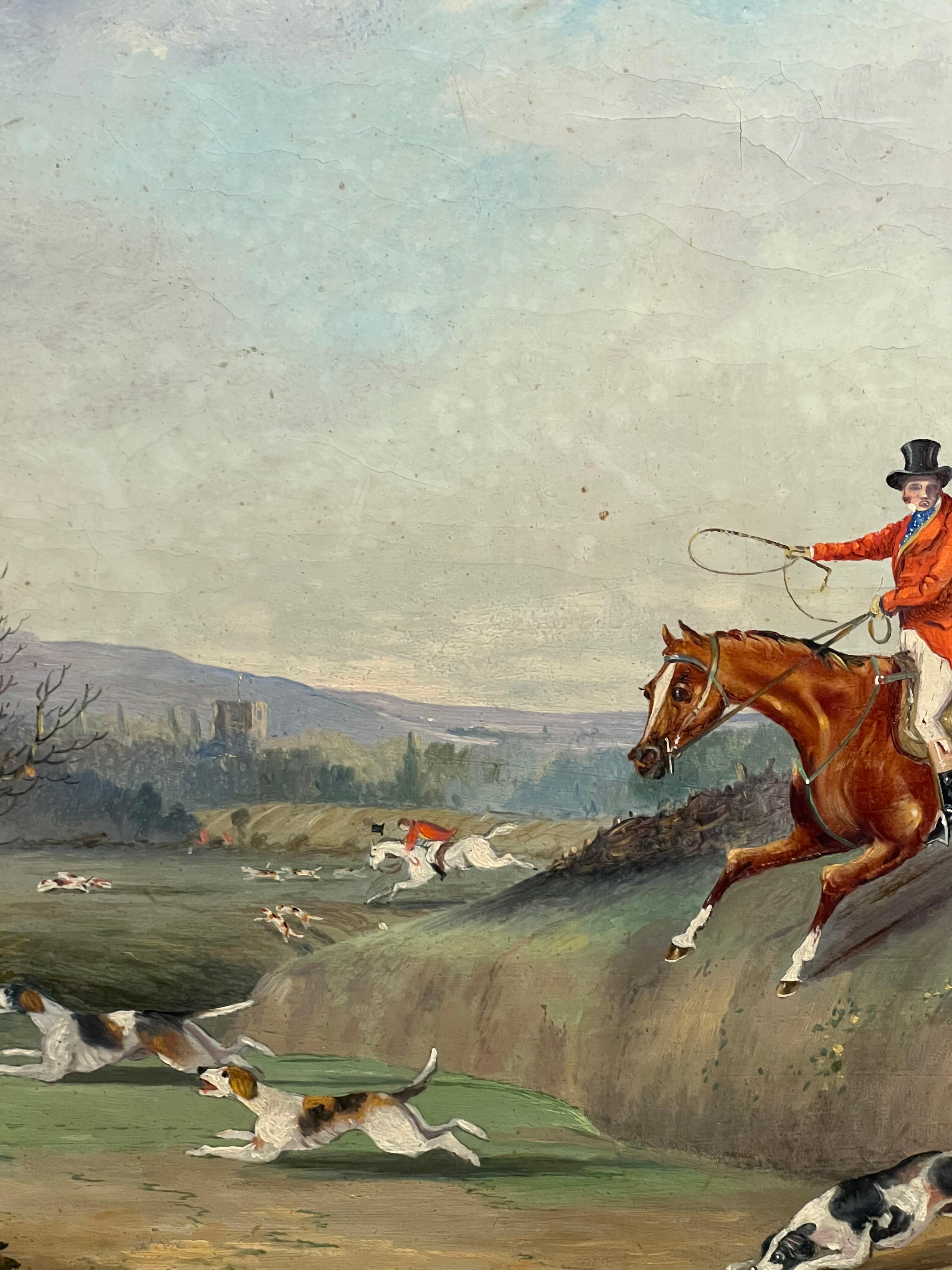 'Clearing the Hedge'
English School, circa 1850's
circle of Henry Alken (British 1785-1851)
oil on canvas, framed
framed: 16 x 19.5 inches
canvas: 10.5 x 14 inches
Provenance: private collection, UK
Condition: overall good condition

For more any