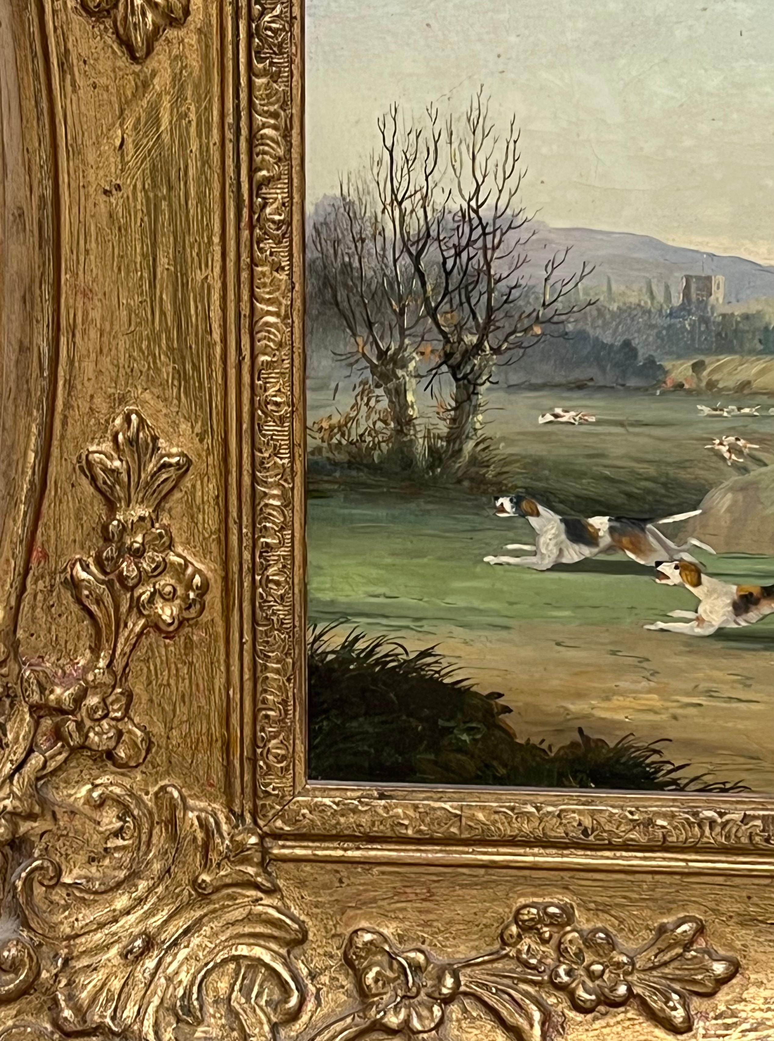 Antique English Sporting Art Oil Painting Fox Hunting Scene Horses & Hounds 1