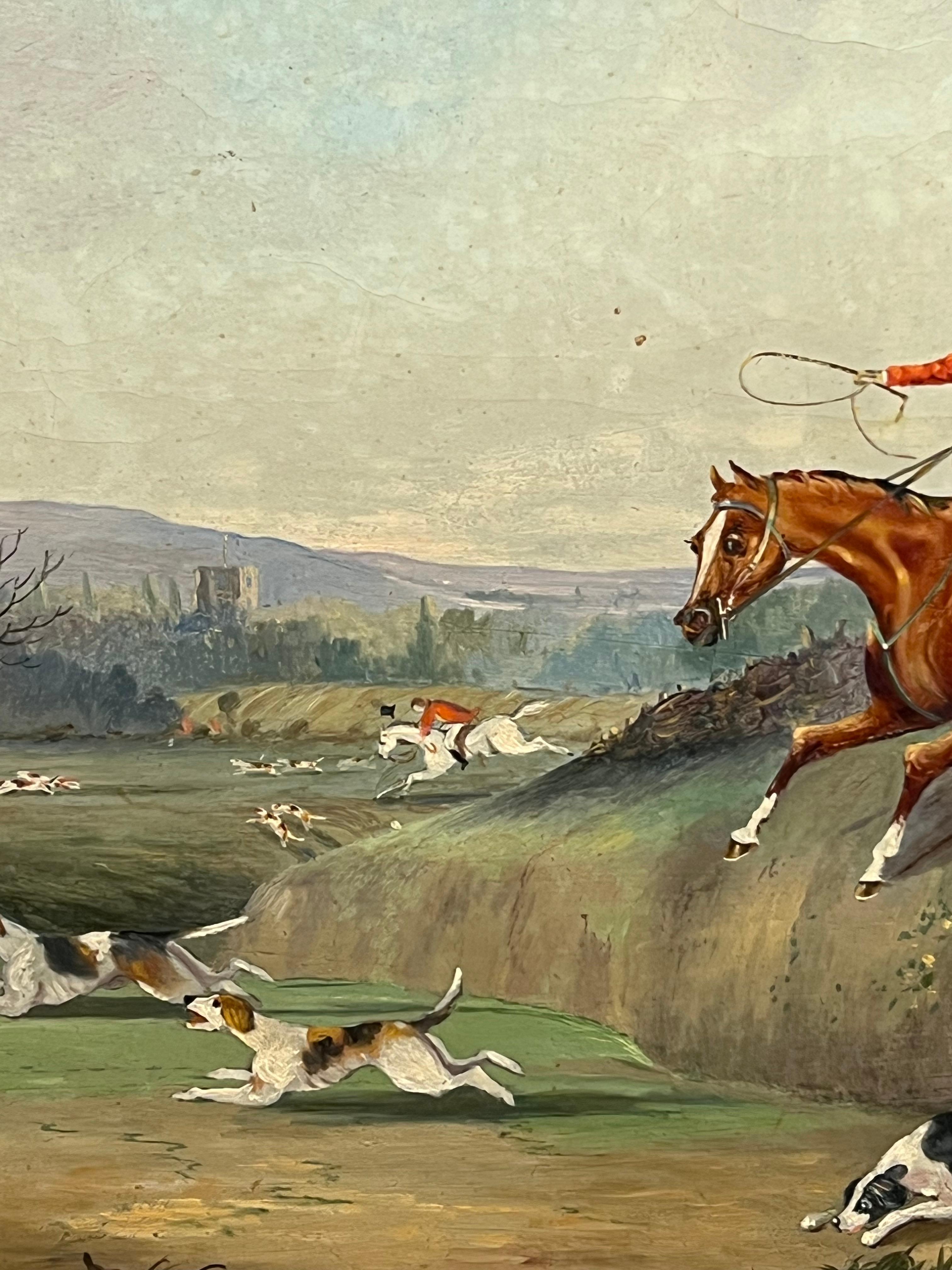 Antique English Sporting Art Oil Painting Fox Hunting Scene Horses & Hounds 3