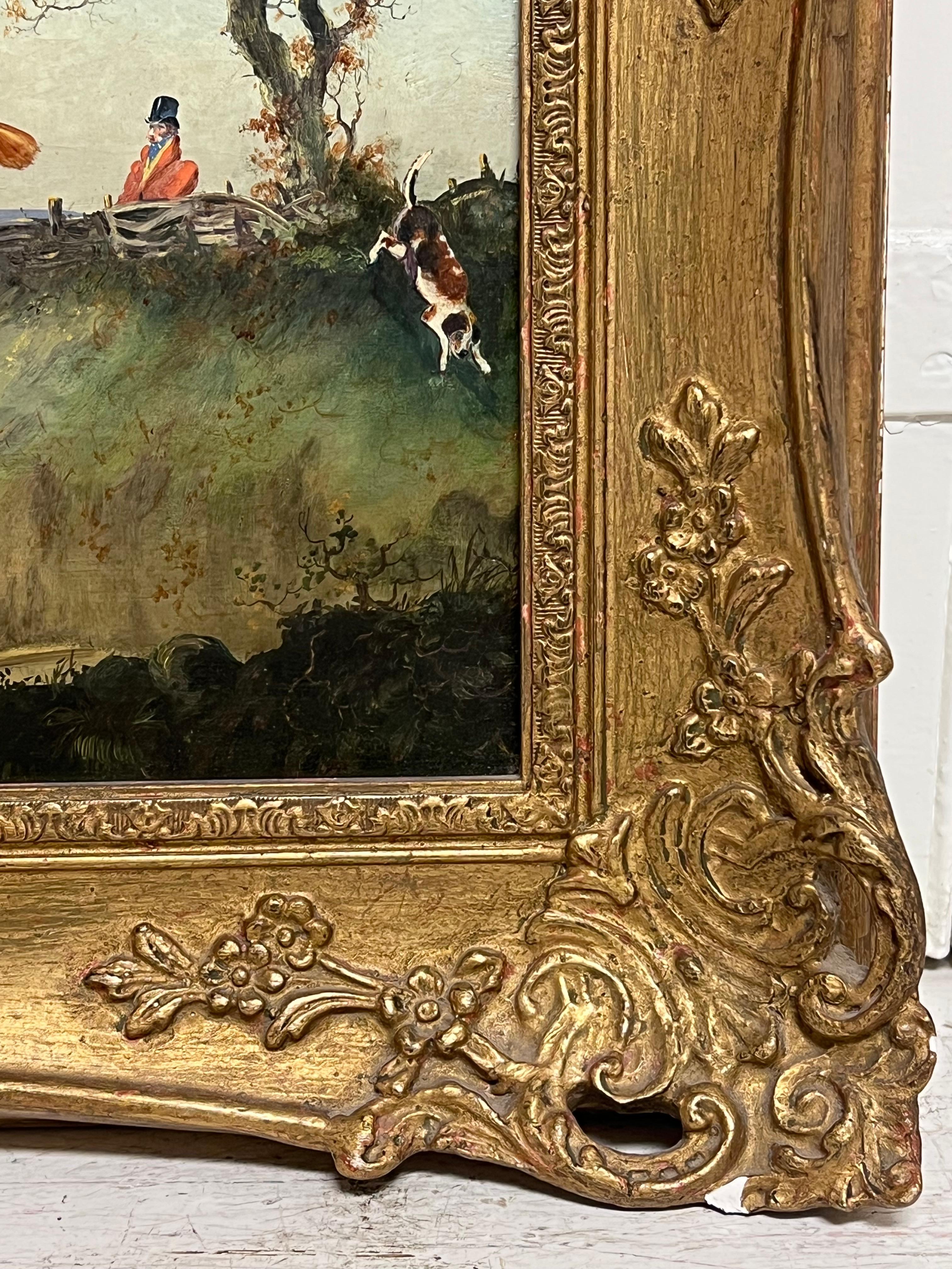 Antique English Sporting Art Oil Painting Fox Hunting Scene Horses & Hounds 4