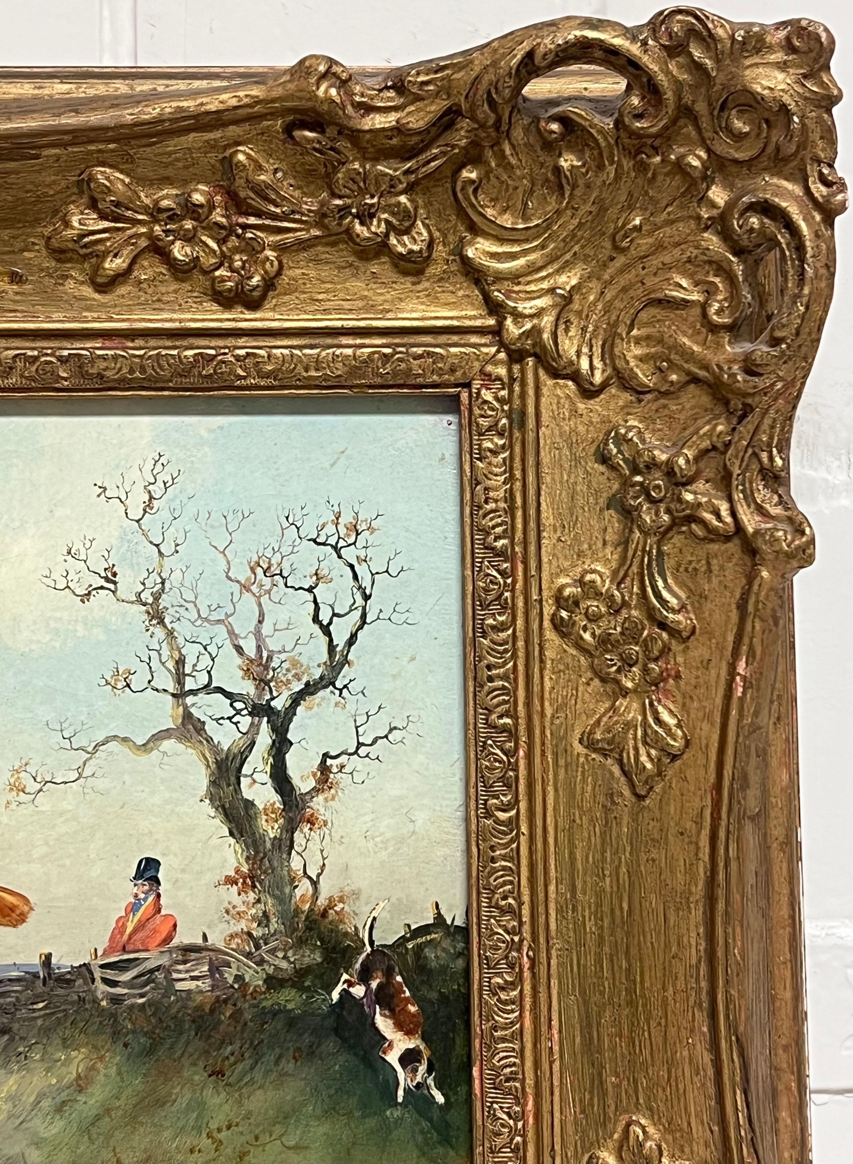 Antique English Sporting Art Oil Painting Fox Hunting Scene Horses & Hounds 5