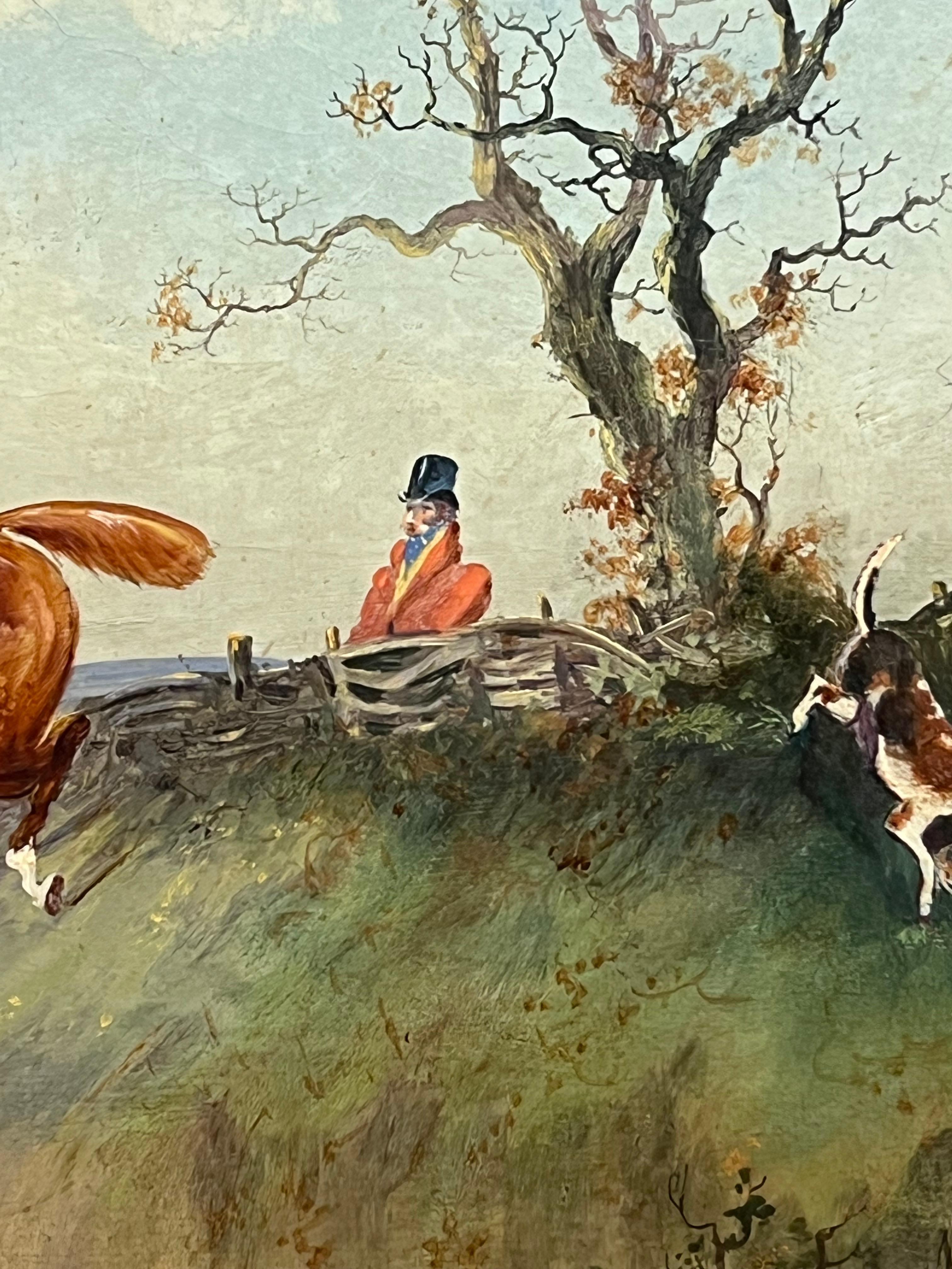 Antique English Sporting Art Oil Painting Fox Hunting Scene Horses & Hounds 6