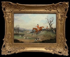 Antique English Sporting Art Oil Painting Fox Hunting Scene Horses & Hounds