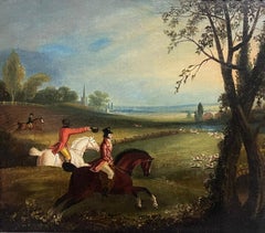 Fine 18th Century English Fox Hunting Landscape Oil Painting on Canvas