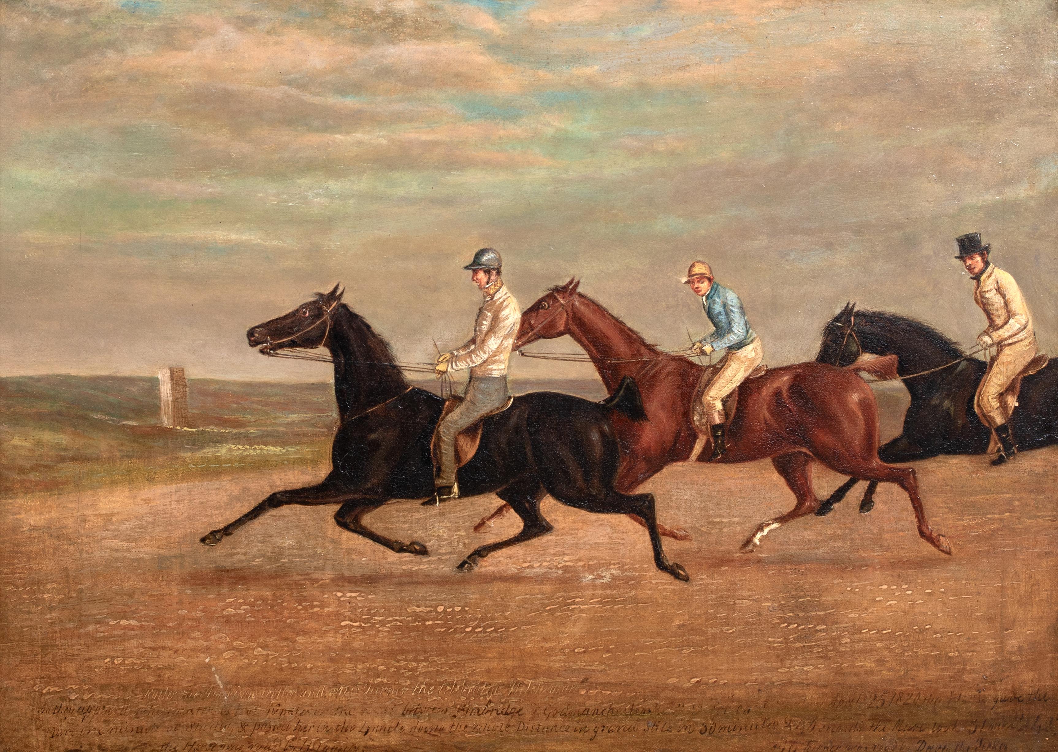 Corsa al trotto, Ratter (USA) e Miss Turner (Gallese), 1820 - Animal Painting Marrone di Henry Alken