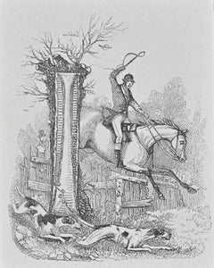 Scena di caccia alla volpe: Cavaliere che elimina un recinto - Litografia di Henry Alken - 1846