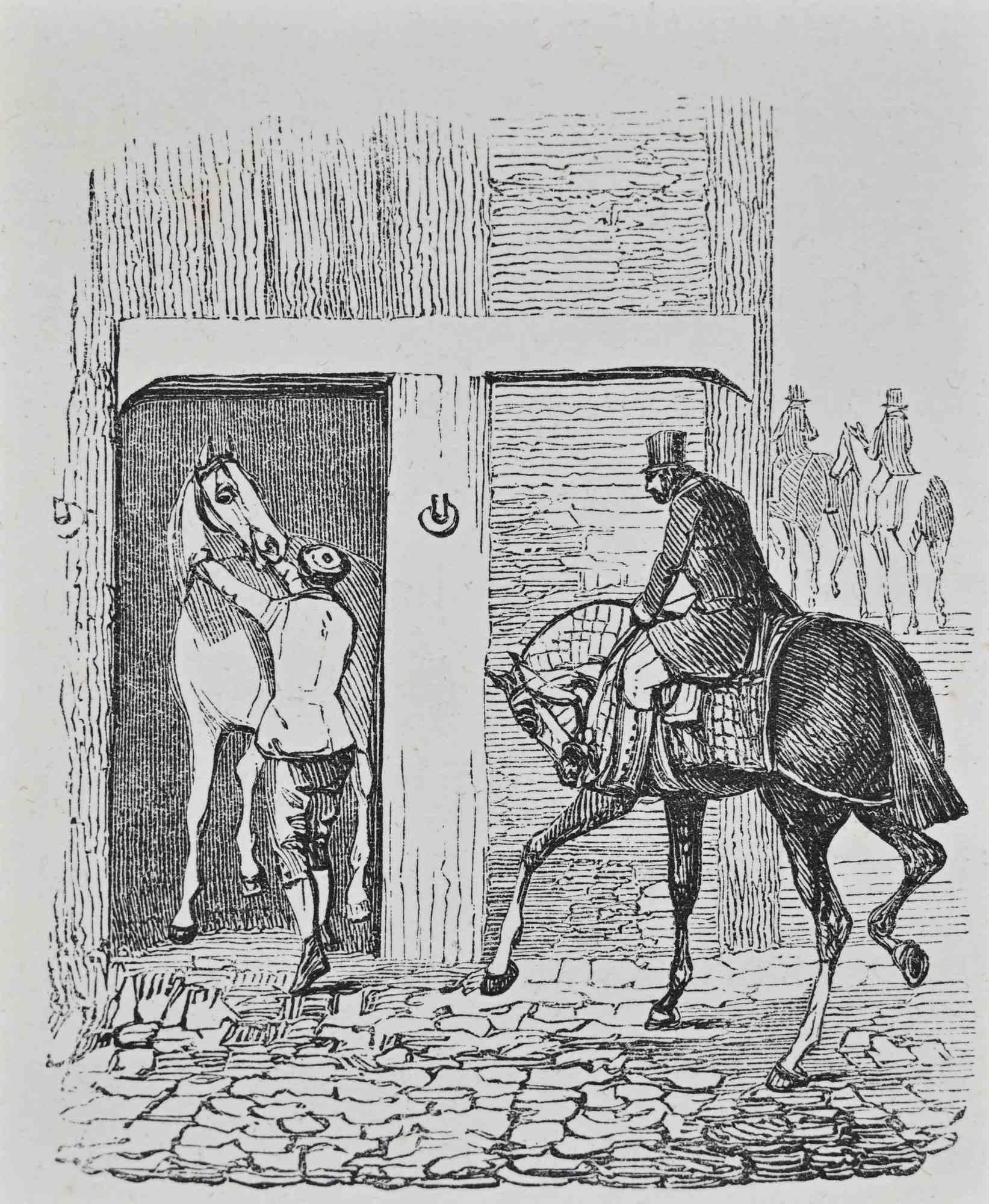 Lithographie en noir et blanc sur papier.

Illustration pour "L'analyse du terrain de chasse" par Henry Alken.

Non signé, tel que publié.

Sujet de chasse finement observé représentant un cavalier guidant son cheval vers la porte d'une écurie,