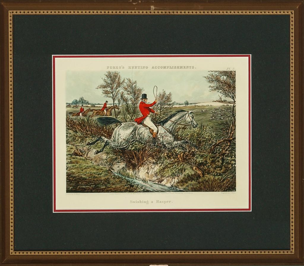 Classic fox-hunt engraving Pl.3. "Swishing a Rasper" by H(enry) Alken printed 1850 from Fores' Hunting Accomplishments in hunter green mat w/ gilt frame

Image Sz: 10"H x 12.75"W

Frame Sz: 18"H x 21"W