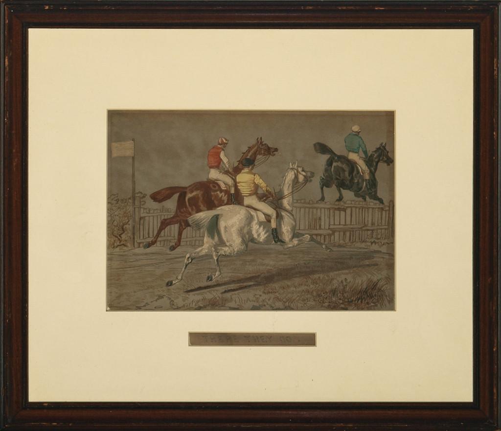 Hand-coloured print by Henry Alken, Sr., entitled: "There They Go"

Print Sz: 7"H x 11"W

Frame Sz: 15"H x 18"W