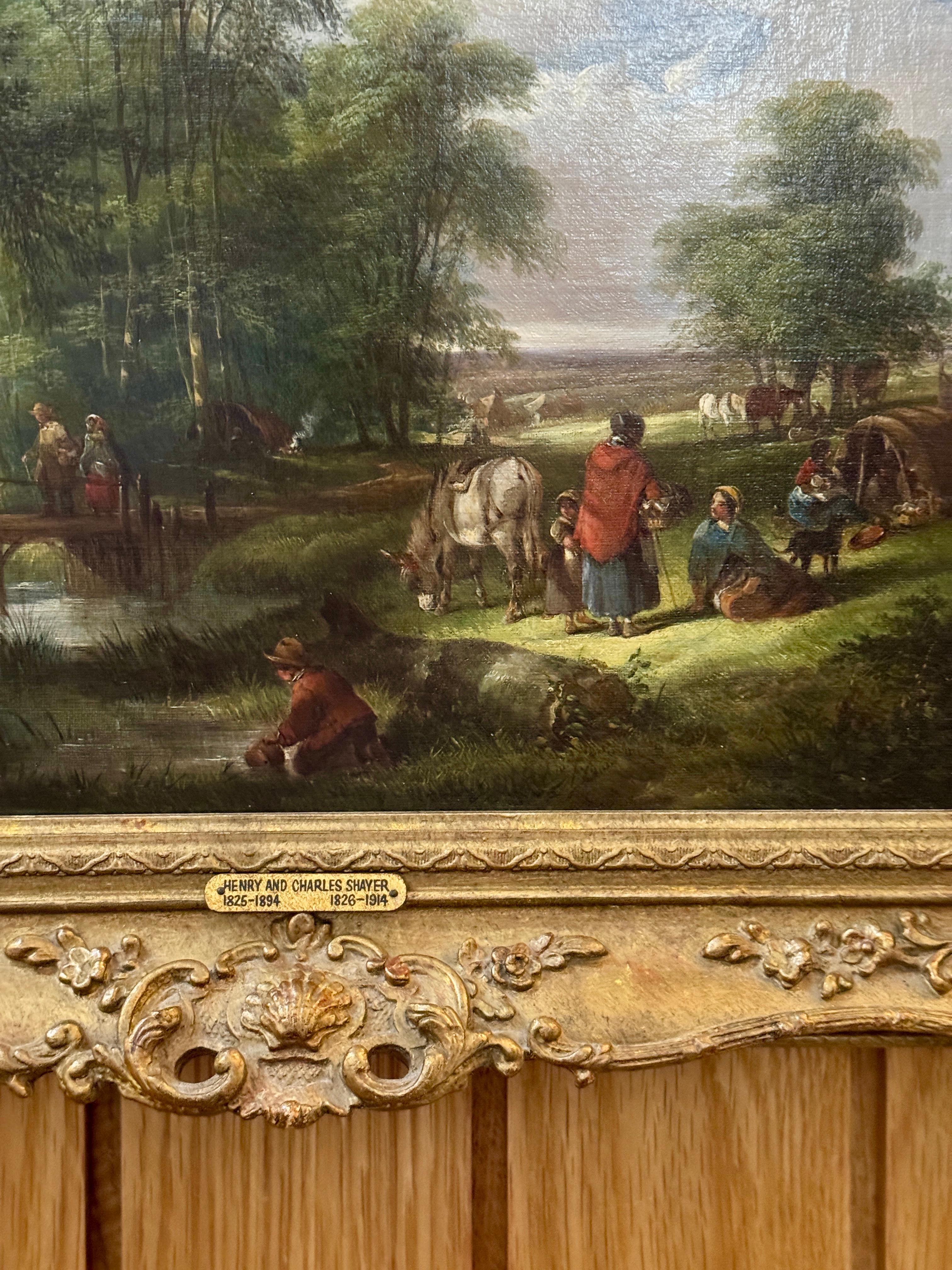 Paisaje victoriano inglés del siglo XIX, con figuras, burro, caballos árboles - Painting de Henry and Charles Shayer